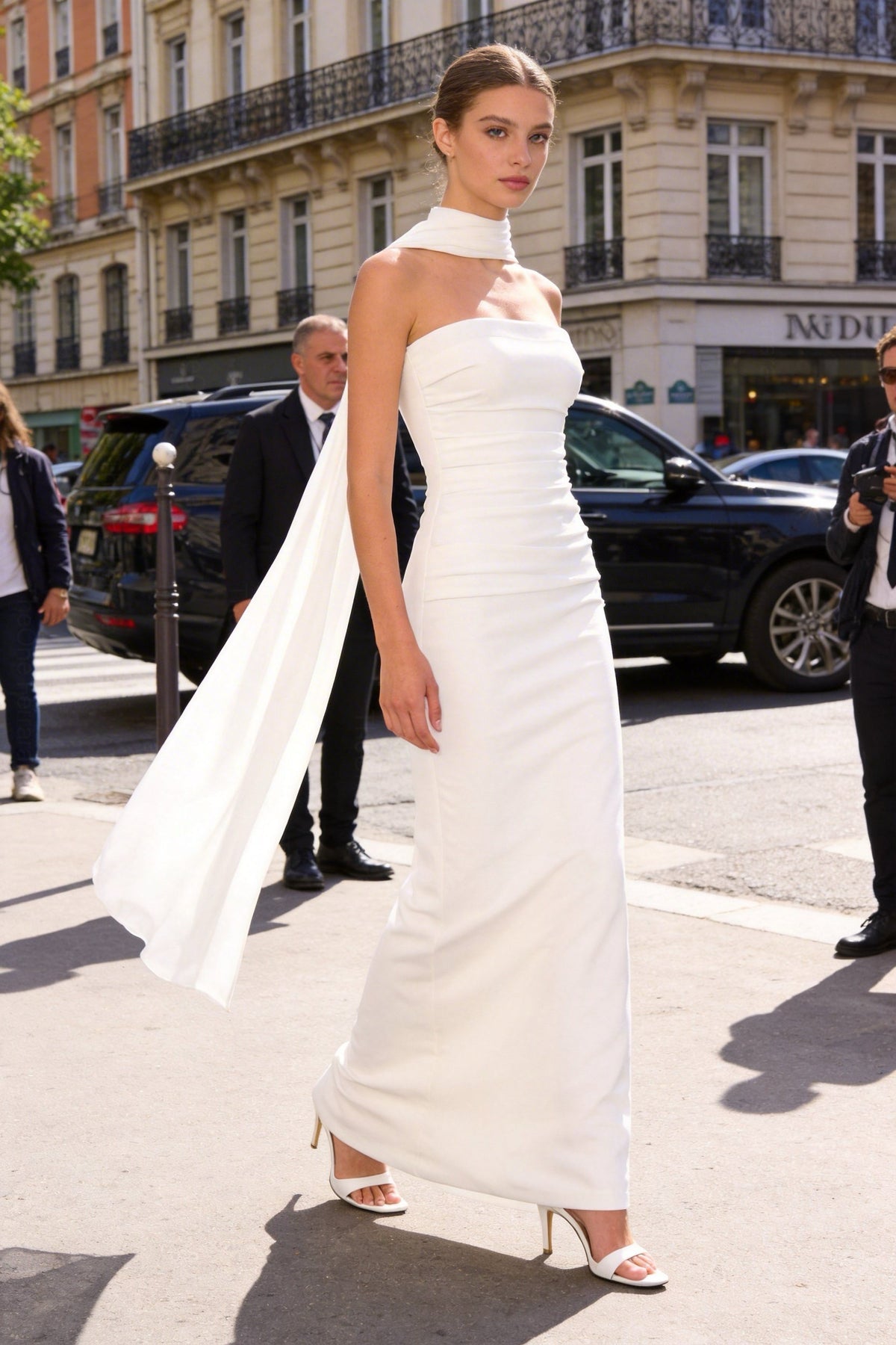 Abito Lungo Tubino con Sciarpa Integrata – Elegante Minimal Donna | TheOne Ferrara 517138 Bianco S