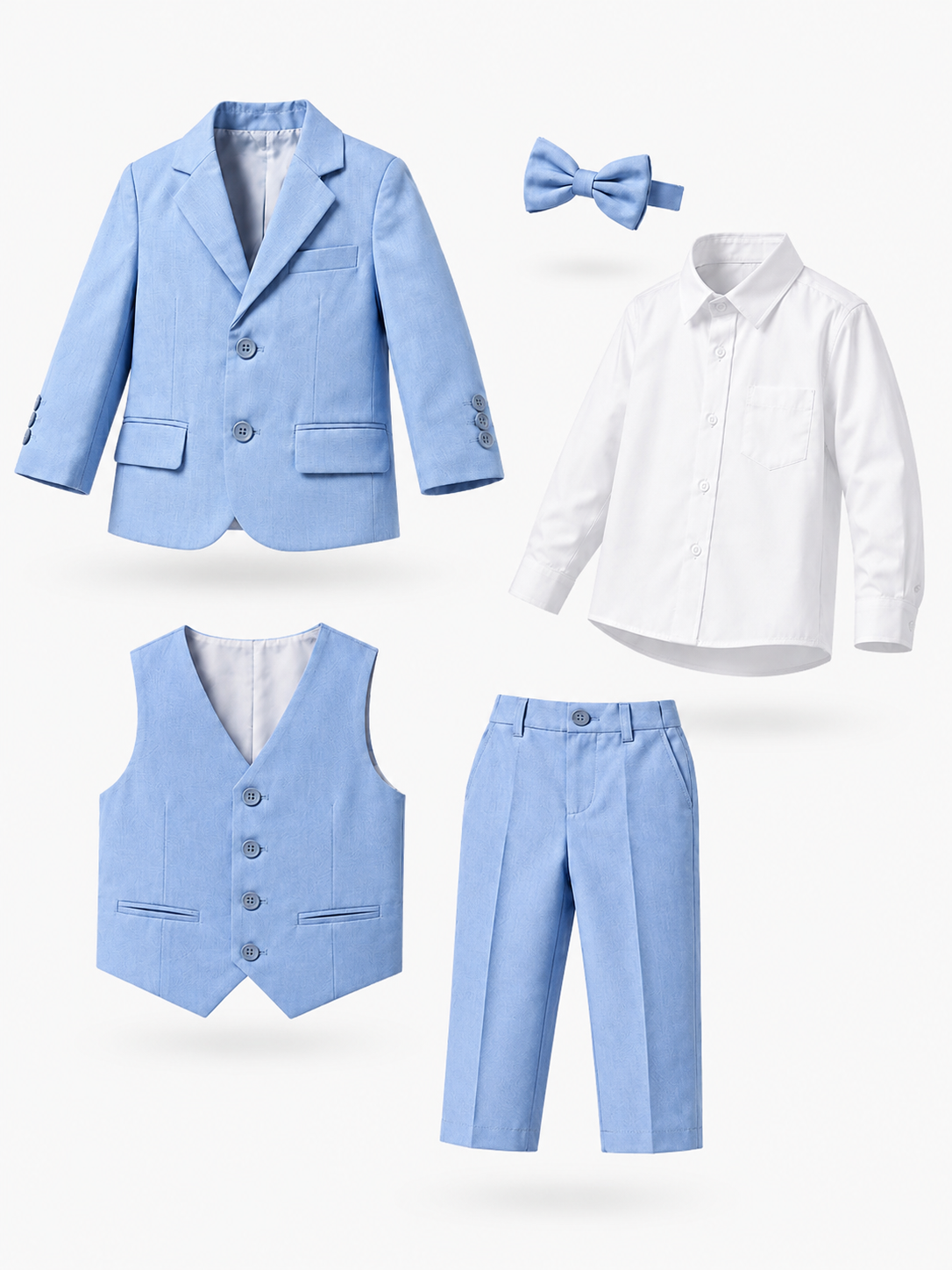 Completo Elegante Bambino Celeste 5 Pezzi con Giacca Gilet Pantaloni Camicia e Papillon