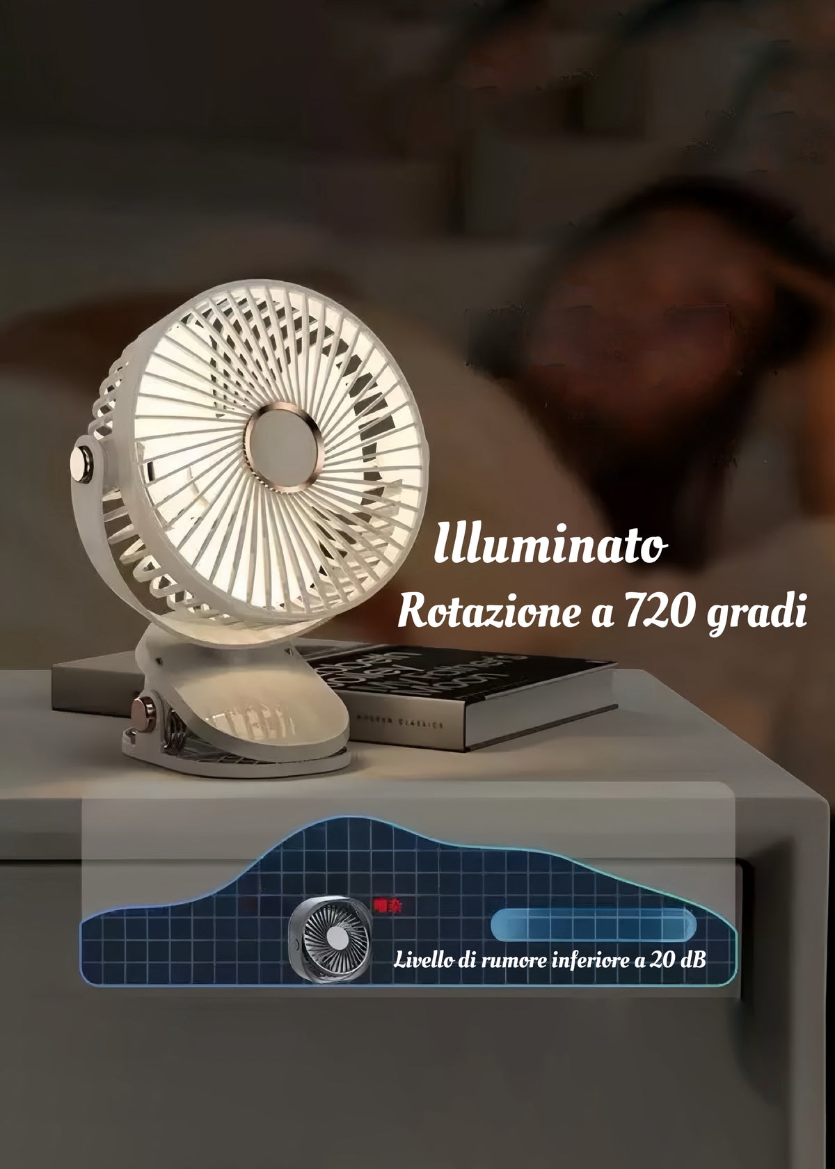 Ventilatore da tavolo silenzioso con rotazione a 720° ,Illuminato