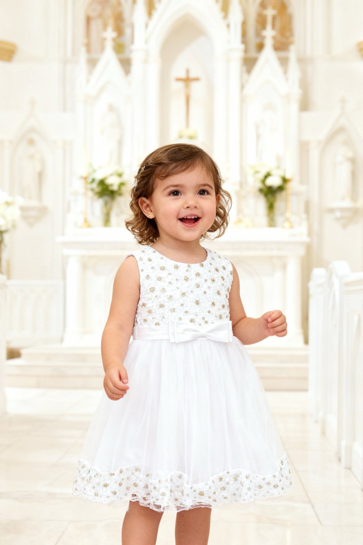 Abito da Cerimonia Bambina Bianco 2–12 Anni – Tulle Elegante con Fiocco | Battesimo, Matrimonio, Comunione 662