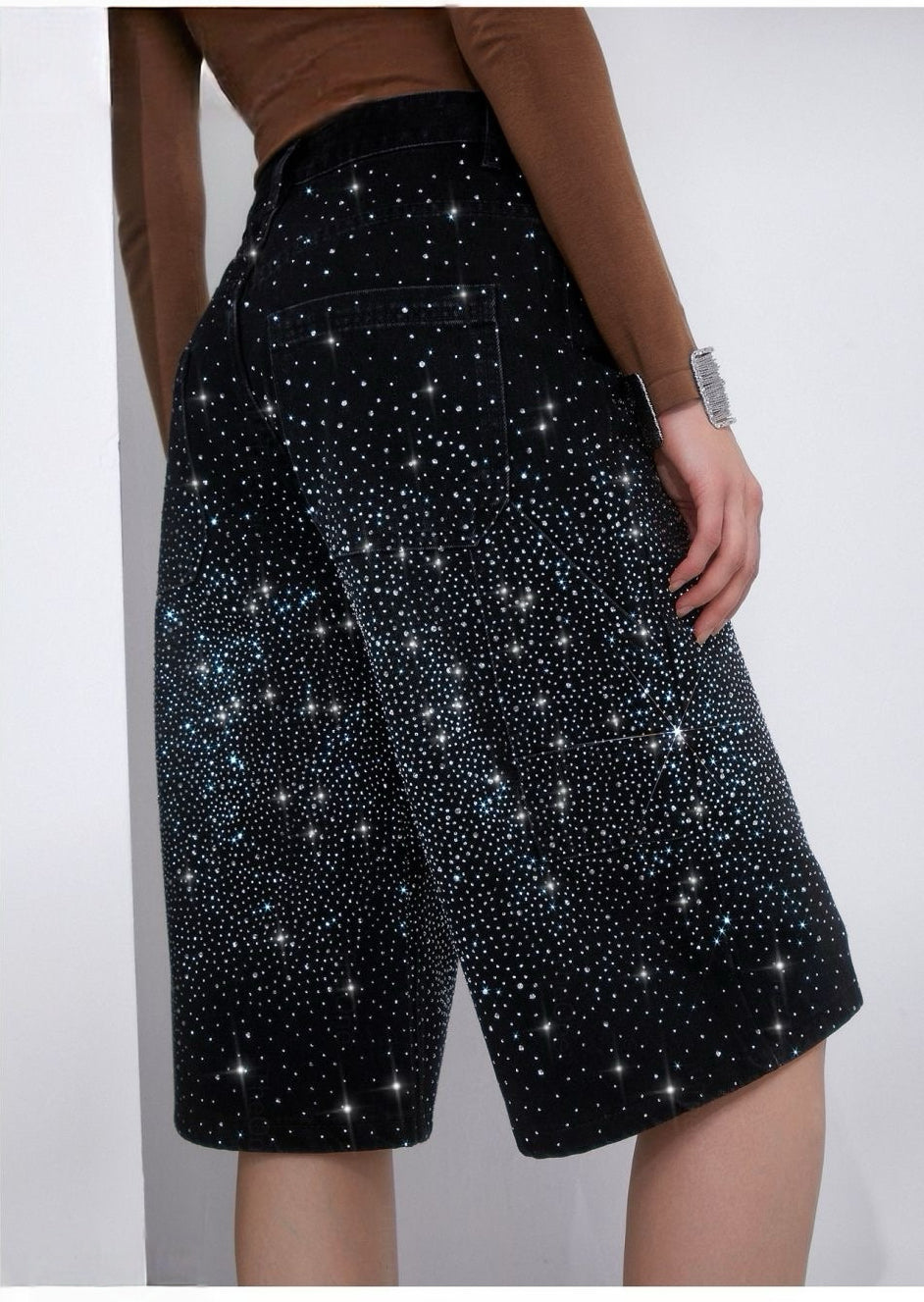Jeans Donna Bermuda con Strass – Shorts Denim Vita Alta Wide Leg Eleganti Estivi 5115