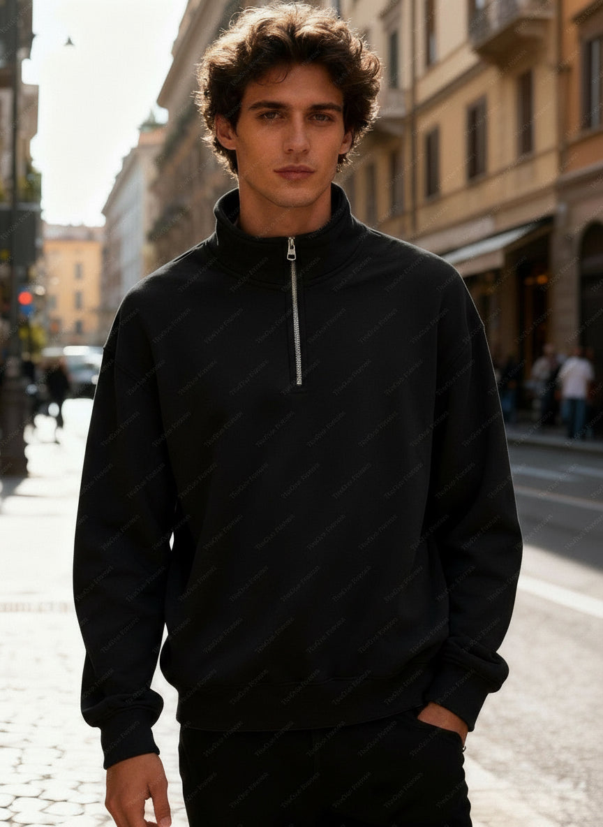 Felpa Unisex con Mezza Zip Foderata in Pile - Pullover Caldo Invernale Nero