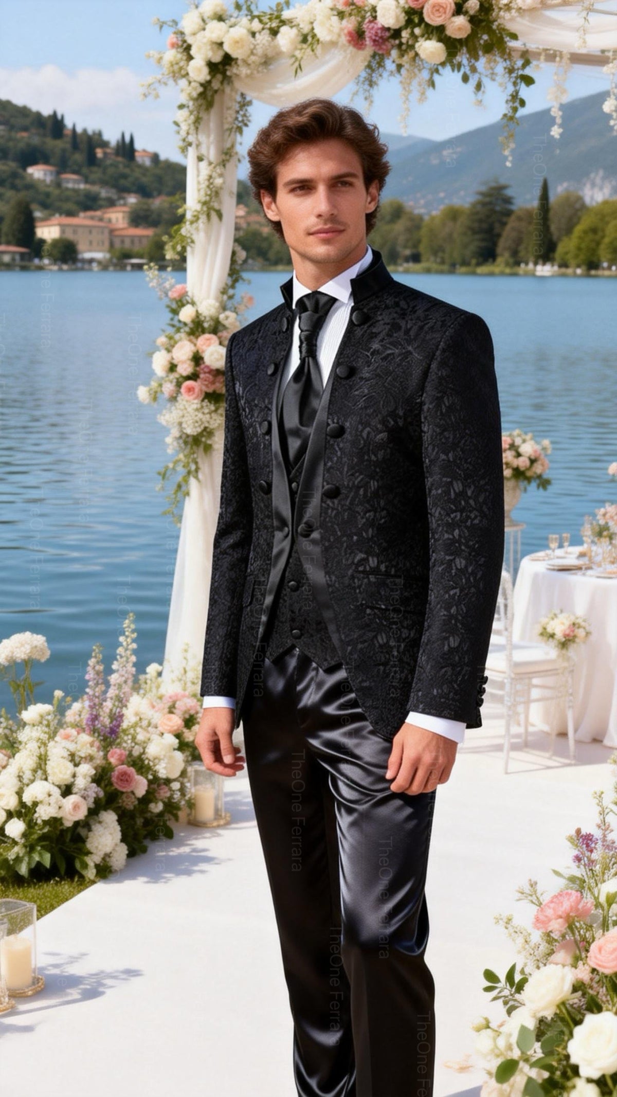 Abito da Sposo Uomo 4 Pezzi Nero 、Bianco Damascato – Giacca Collo Coreano + Gilet + Pantaloni Finitura Lucida (Effetto Raso) + Cravatta | Slim Fit Drop 6 Nero