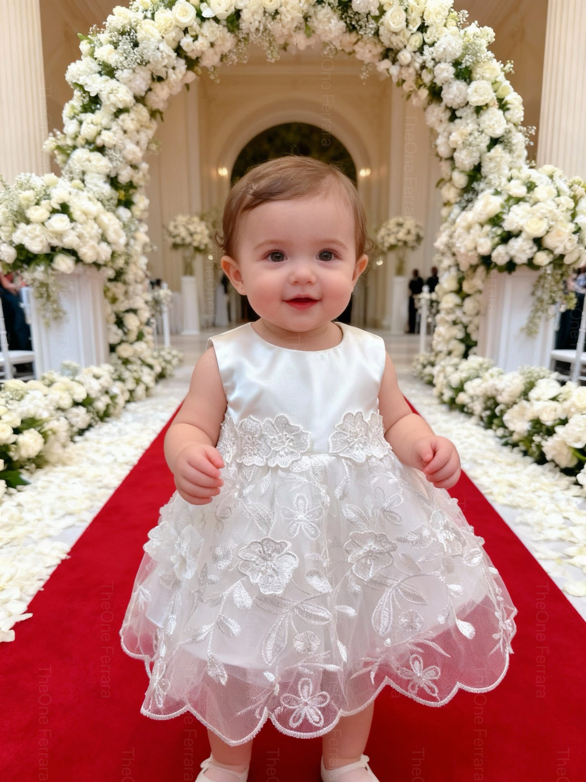Abito da Battesimo Neonata Bianco 3–24 Mesi – Raso Tulle Ricamato con Fiori, Fiocco Posteriore Cerimonia 6132