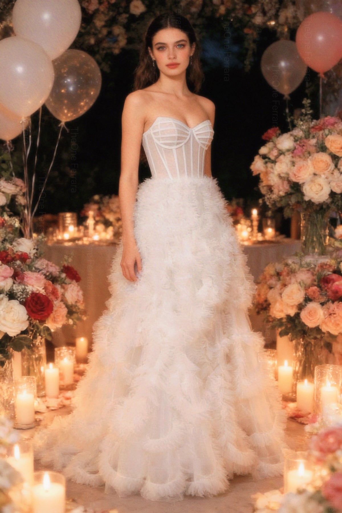 Abito da Sera Bianco con Corsetto e Tulle – Vestito Lungo Elegante Effetto Couture 883008