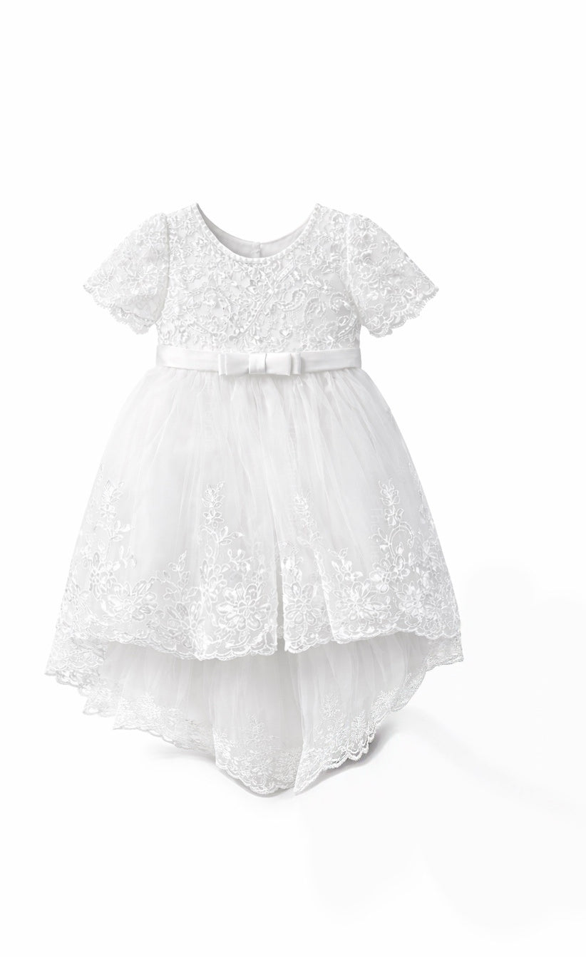 Abito da Cerimonia Bambina Bianco con Pizzo e Fiocco Rosa – Gonna Tulle a Coda di Sirena (6-36 Mesi)-TheOne 3658 Bianco