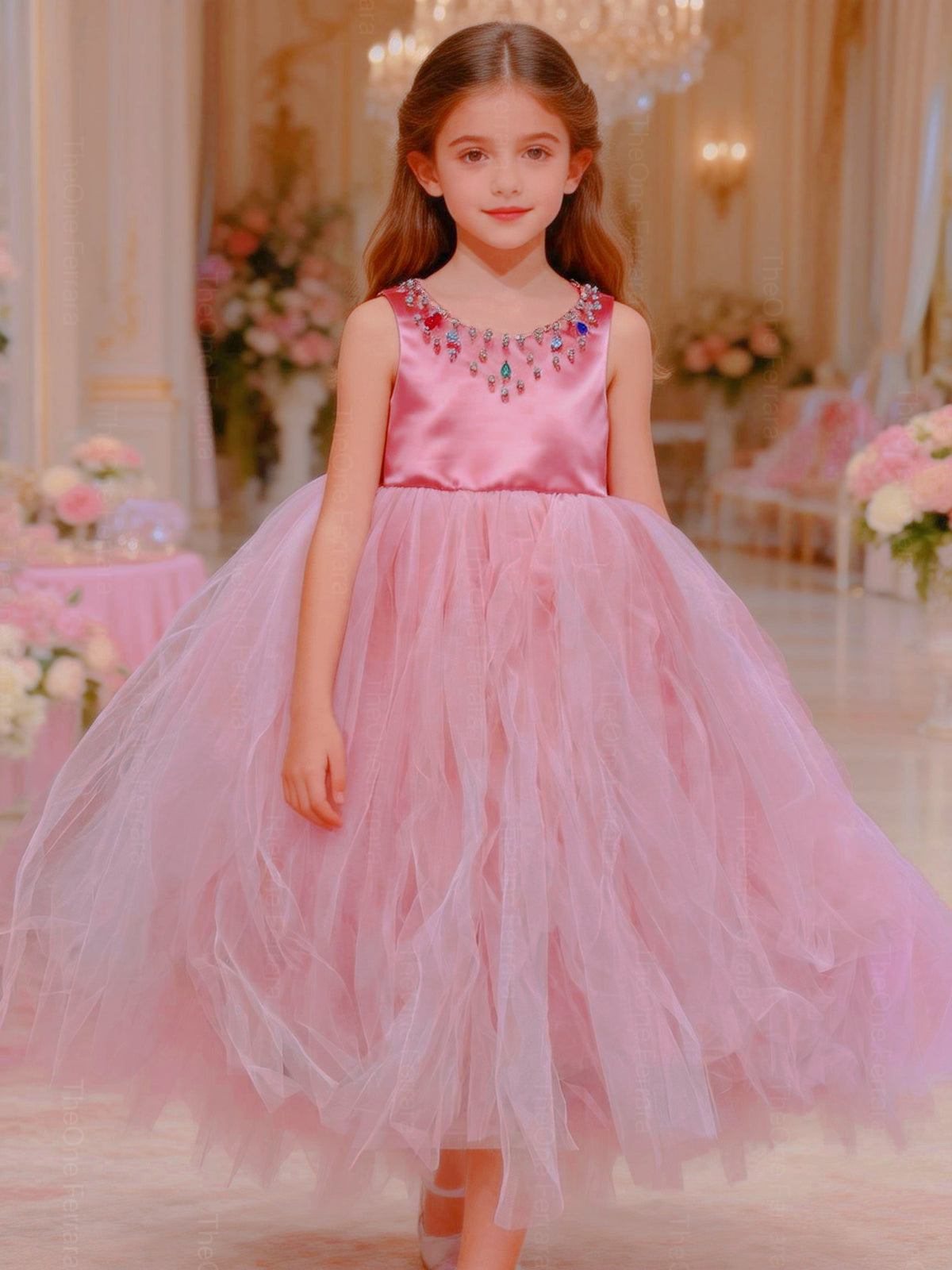 Abito Cerimonia Bambina Elegante in Tulle con Scollo Gioiello – 2-14 Anni – Rosa | Bianco | Bordeaux | Rosa Cipria – 2045 Oro rosato