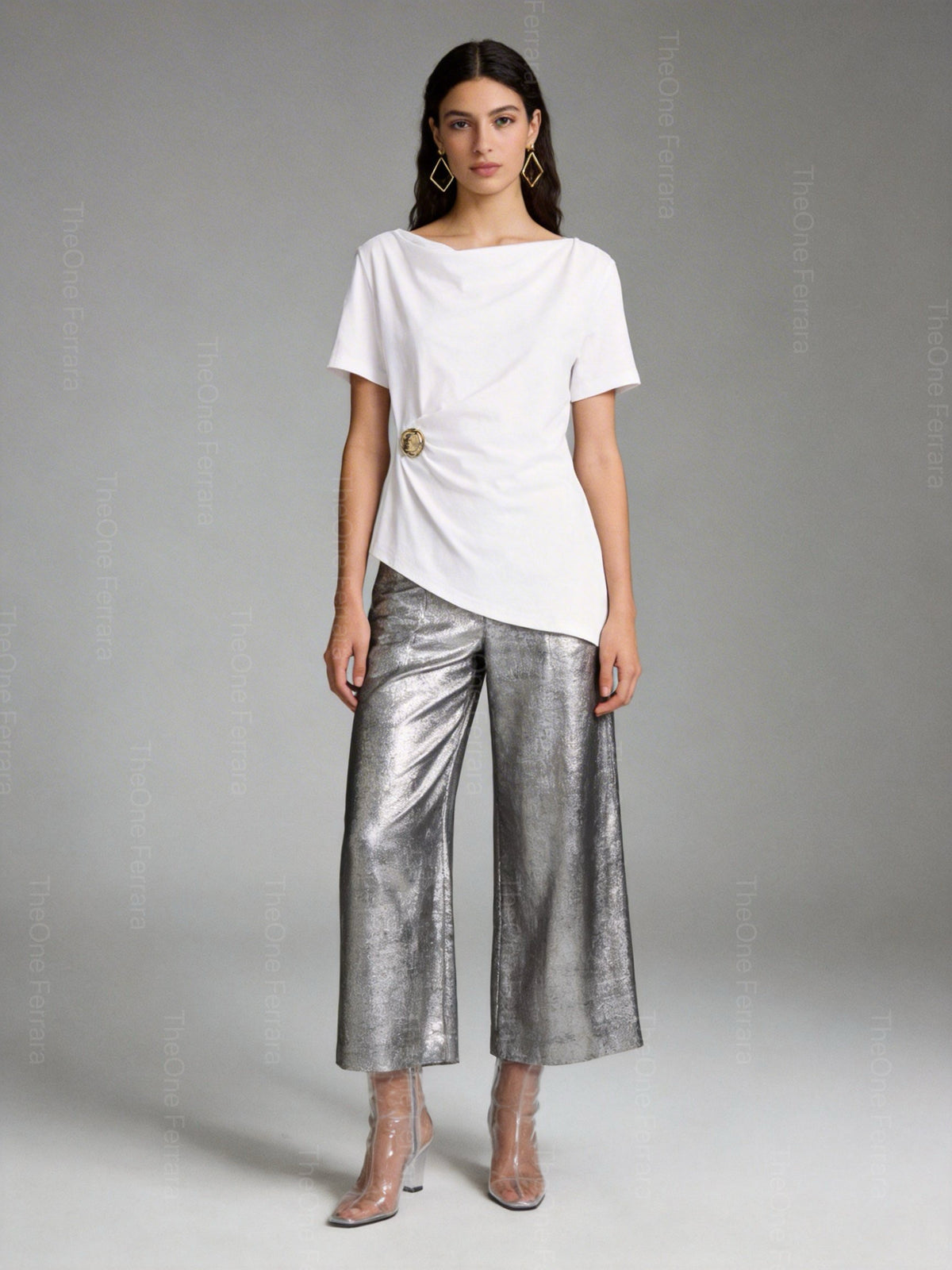 Top Donna Drappeggiato in Cotone – T-Shirt Elegante con Dettaglio Oro 66294