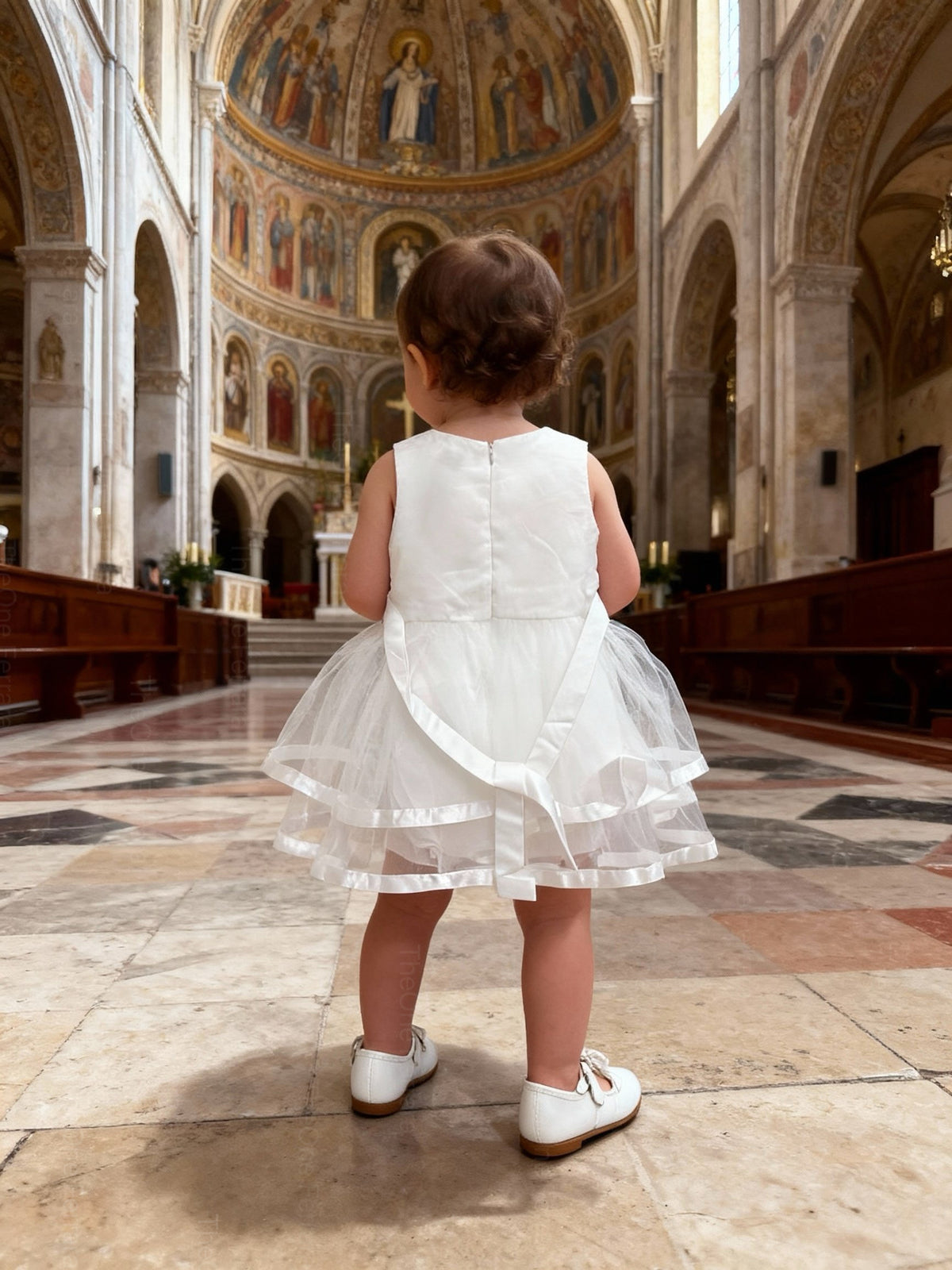 Abito da Battesimo Neonata Bianco 6–36 Mesi – Tulle a Strati con Bordo Satinato e Fiocco | Cerimonia Chiesa 21038