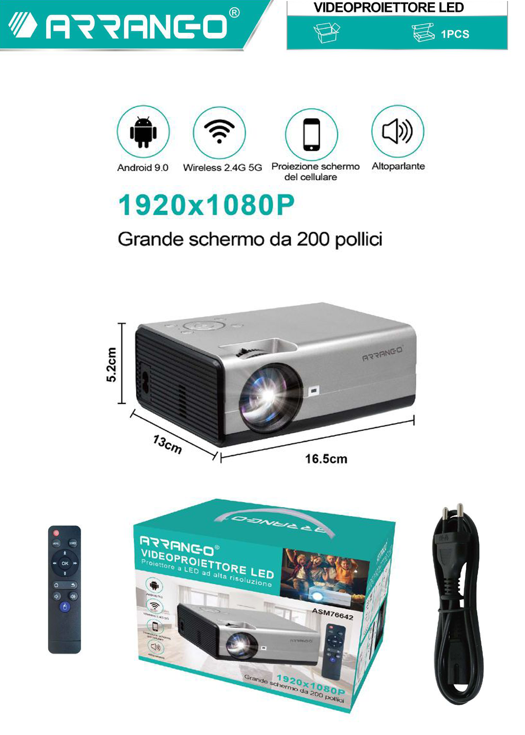 Videoproiettore LED 1080P | Schermo 200 Pollici con Telecomando e Speaker