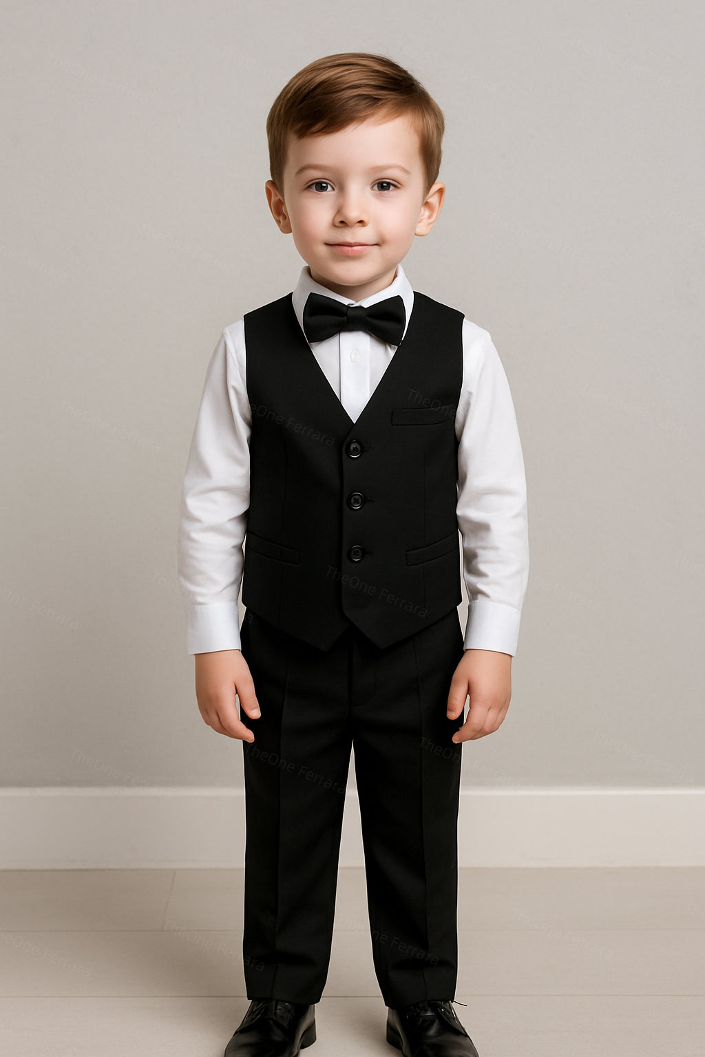 Completo Cerimonia Bambino 5 Pezzi – Abito Elegante Nero con Giacca, Gilet, Camicia, Pantaloni e Papillon 4-14Anni A07 TheOn