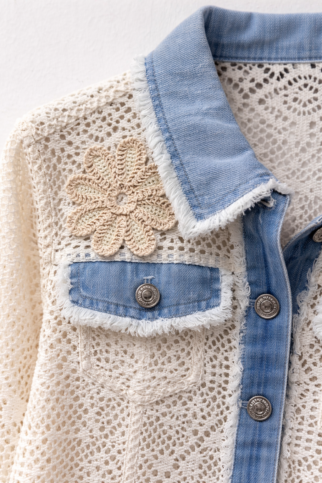 Giacca Donna Pizzo Crochet Traforato con Denim – Giubbino Boho Estivo Leggero con Ricami Floreali 5079