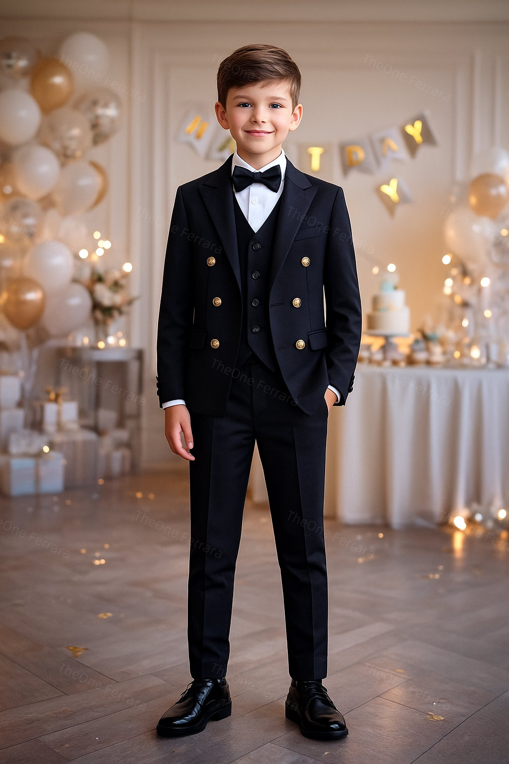 Completo elegante 5 pezzi per bambino 4–16 anni Giacca, gilet, camicia, pantaloni, papillon