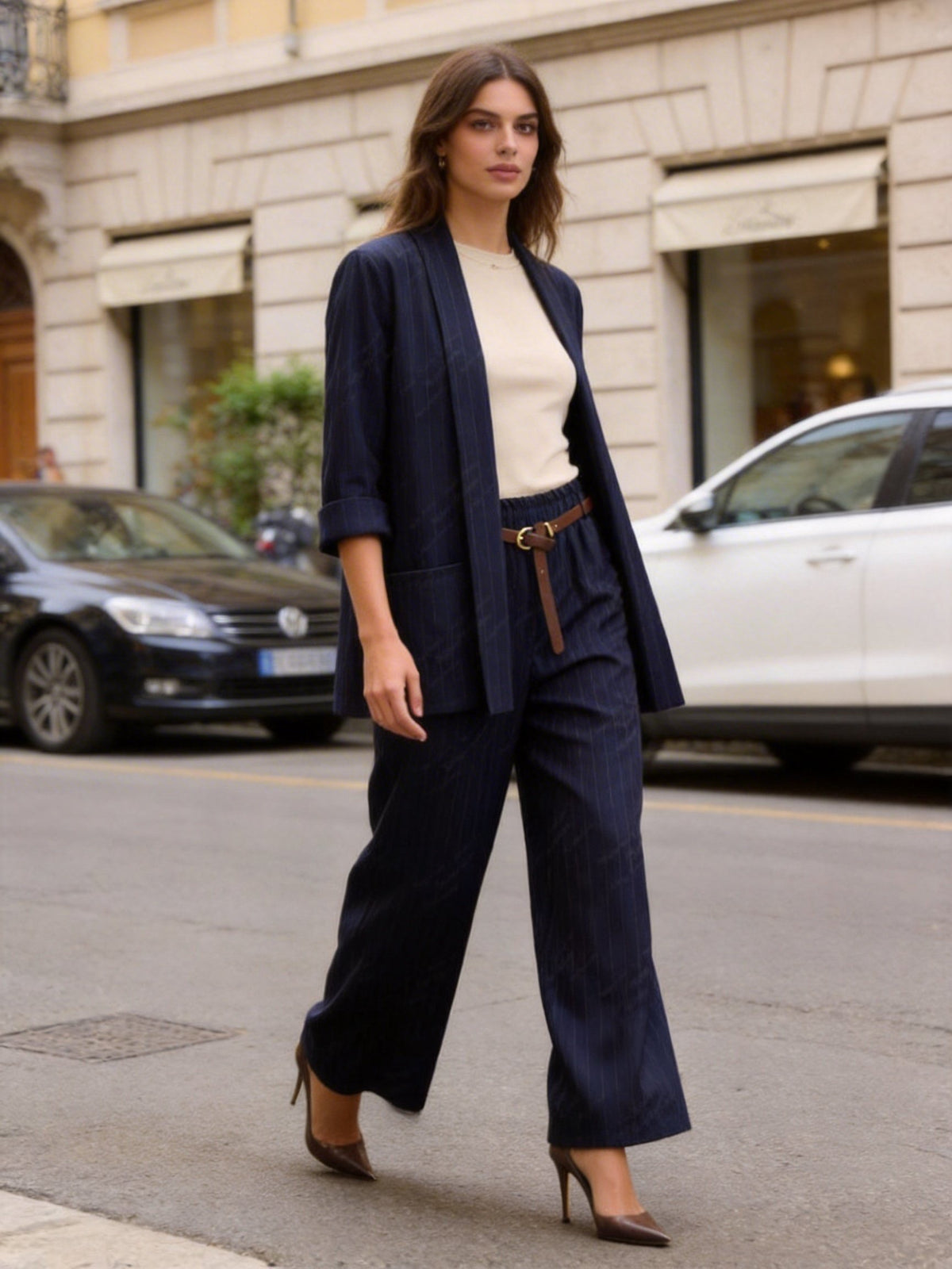 Completo Donna Elegante a Righe | Blazer e Pantaloni Wide Leg