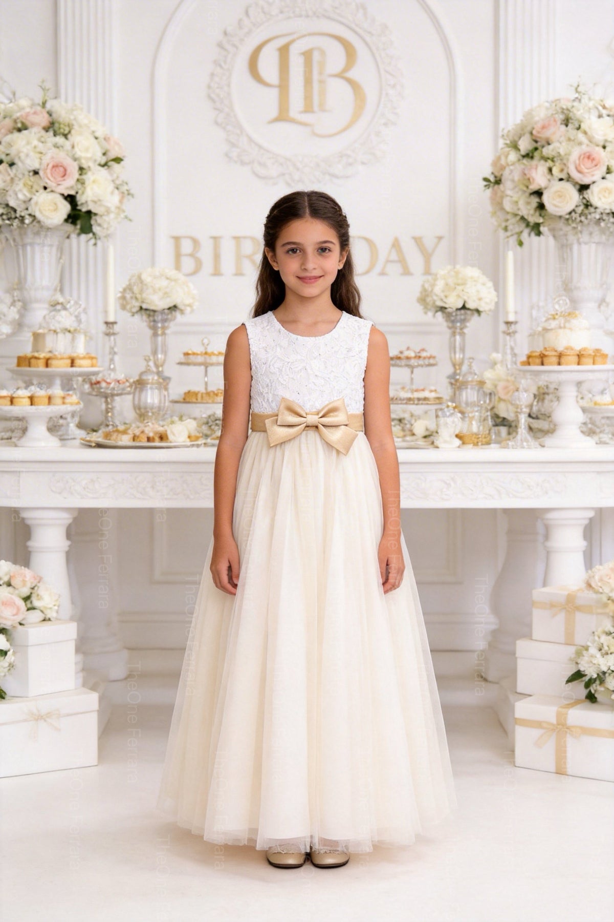 Abito Bambina Elegante Bianco con Fiocco Oro – Vestito Cerimonia 4-14 Anni 3824