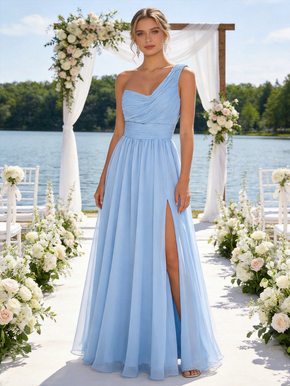 Abito Damigella Monospalla in Chiffon con Spacco Laterale Azzuro