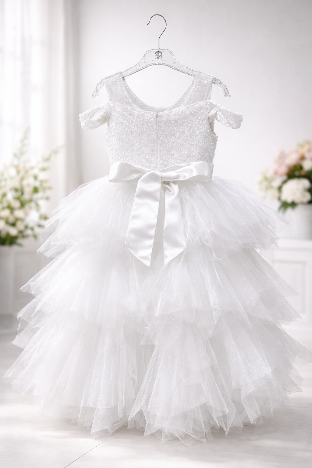 Abito da Cerimonia Bambina Bianco con Tulle e Paillettes 2–14 Anni 8238 -TheOne
