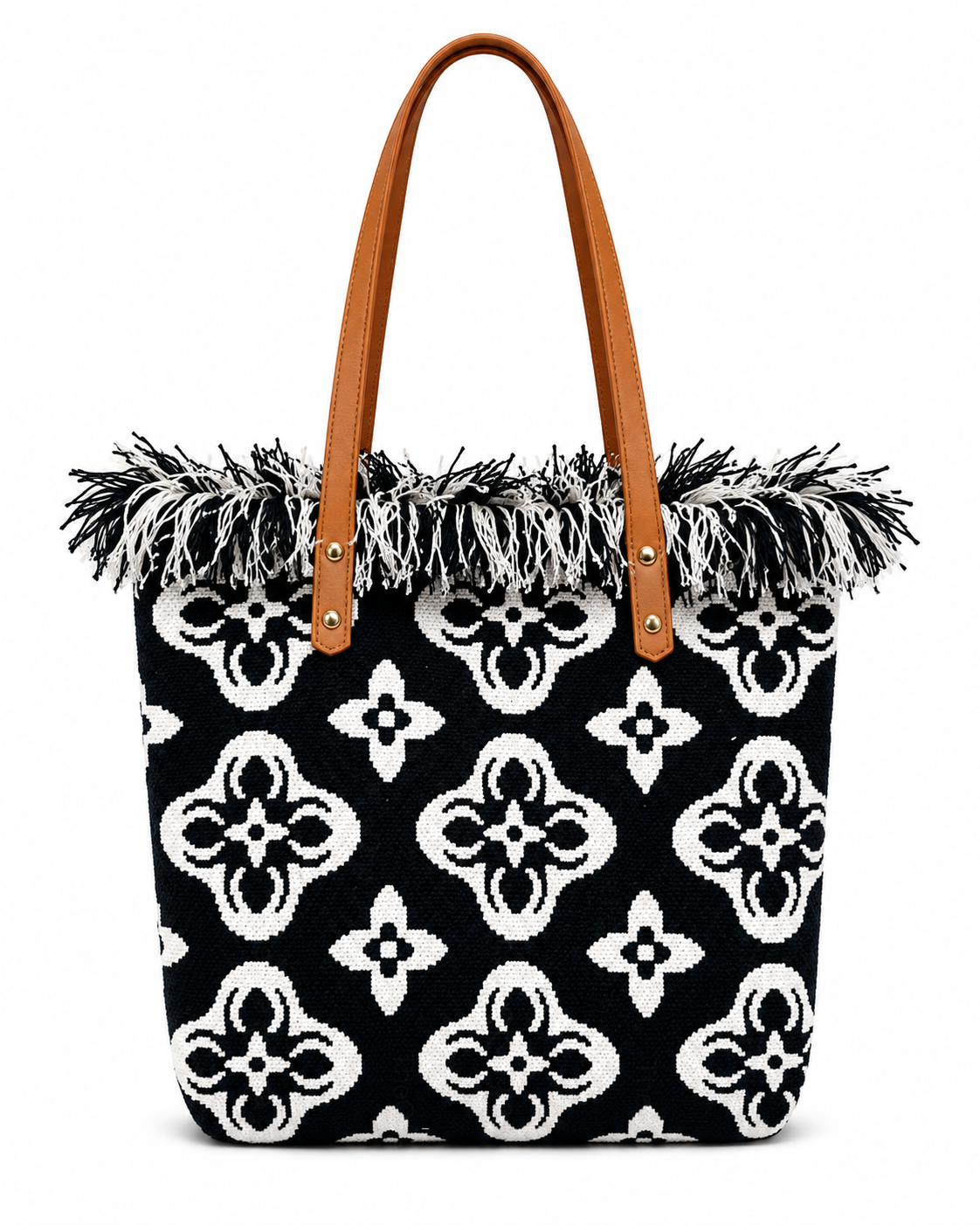 Borsa Shopper Donna in Tessuto Jacquard con Frange – Stile Boho Chic Nero+khaki L × A × P: 40 × 43 × 17 cm