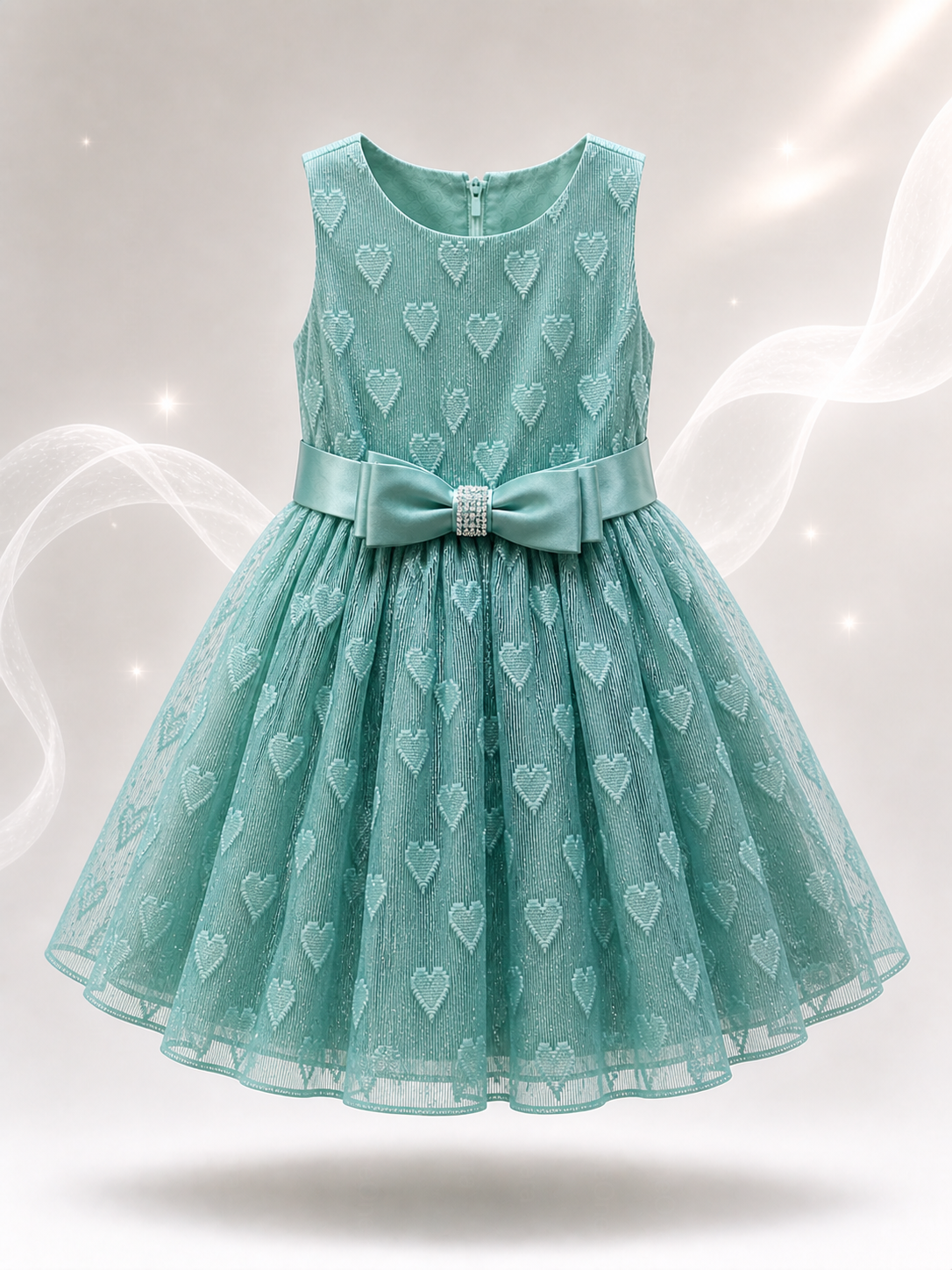 Vestito Bambina Elegante in Organza Jacquard Lurex con Fiocco Verde salvia scuro