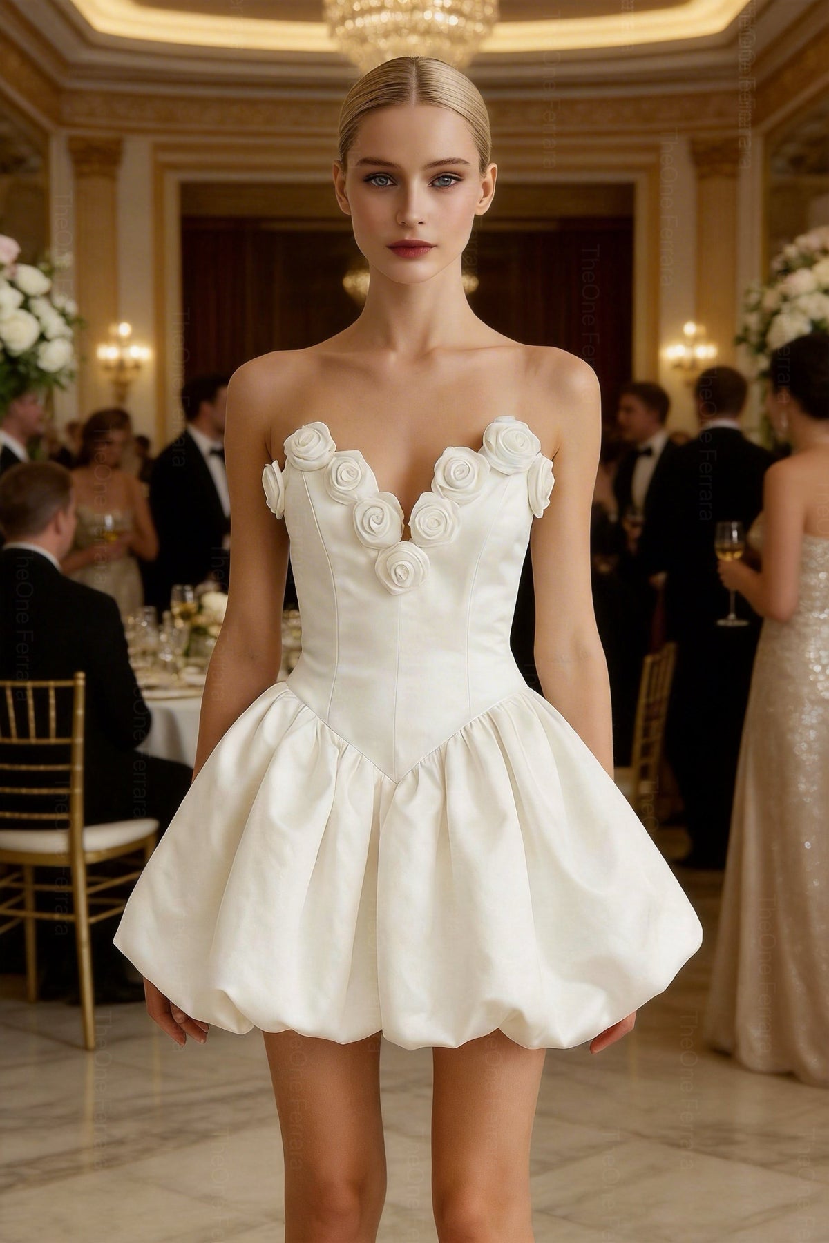 Abito Corto Bianco in Raso con Corsetto e Rose 3D – Gonna a Palloncino, Abito da Cocktail & Cerimonia 521688