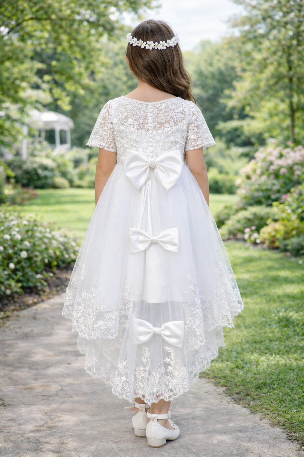Abito Cerimonia Bambina Bianco in Pizzo e Tulle Comunione, Damigella, Festa 4-14 Anni 3637-TheOne