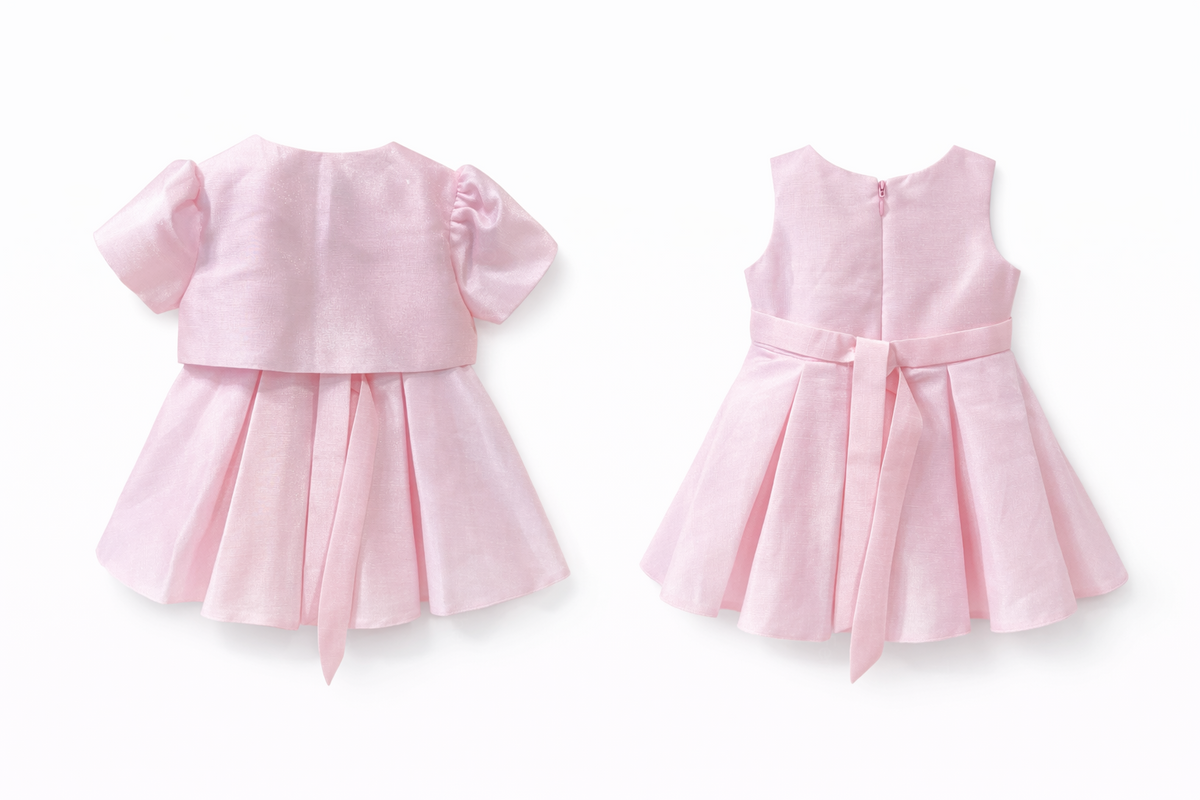 Abito Cerimonia Bambina con Bolero e Fiore – Vestito Elegante Rosa Cipria in Tessuto Strutturato Luminoso per Comunione, Matrimonio e Festa 1-6 anni