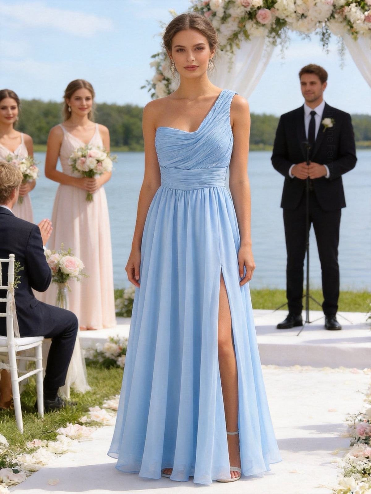 Abito Damigella Monospalla in Chiffon con Spacco Laterale