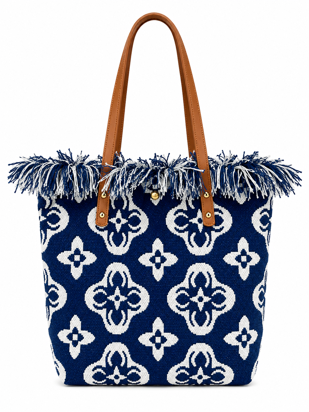 Borsa Shopper Donna in Tessuto Jacquard con Frange – Stile Boho Chic Oceano L × A × P: 40 × 43 × 17 cm