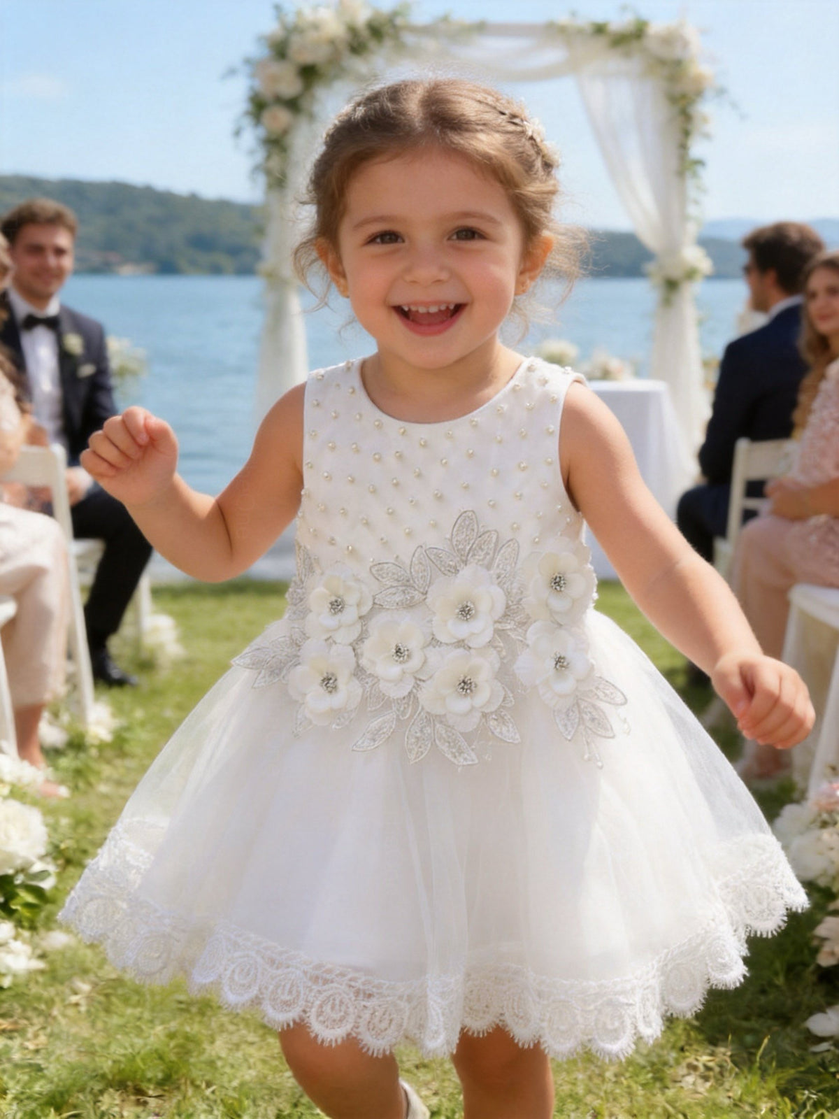 Vestito Elegante Bambina Bianco con Fiori 3D e Tulle per Cerimonia Bianco