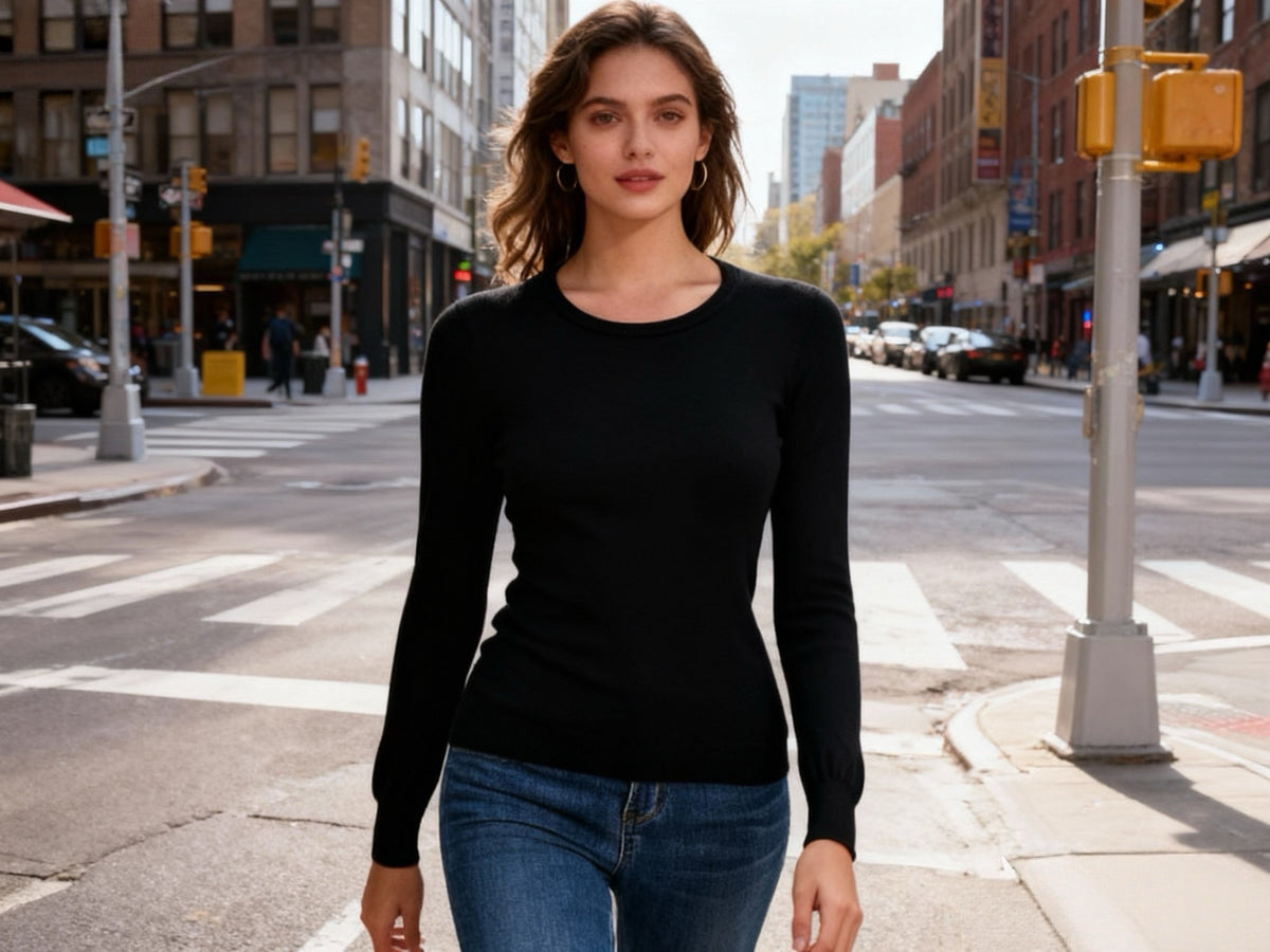 Maglia Donna Girocollo a Maniche Lunghe – Morbida, Elastica e Tinta Unita-9075 Nero Taglia unica-40-55kg