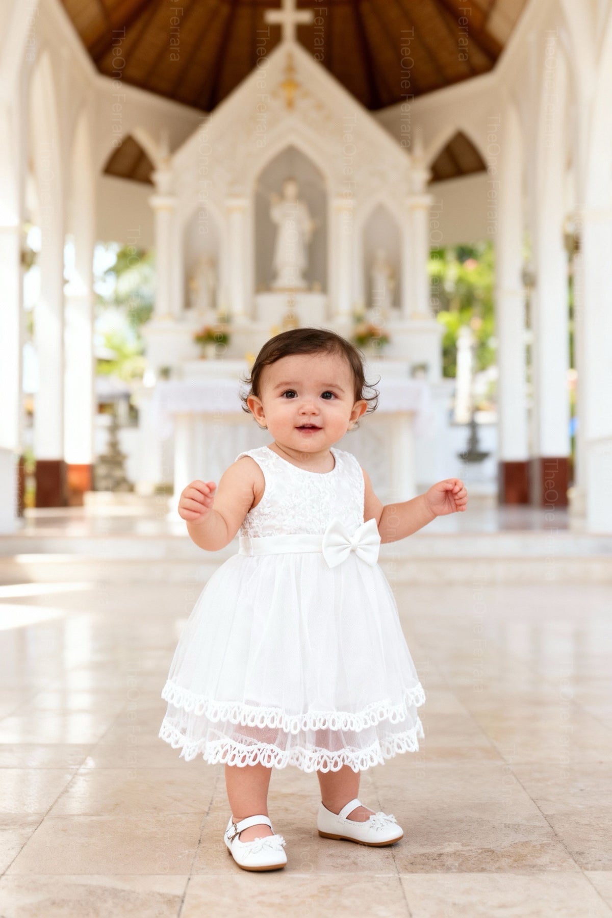 Abito da Battesimo Neonata Bianco 6–36 Mesi – Pizzo Ricamato, Tulle a Strati con Maxi Fiocco Cerimonia Matrimonio 21056