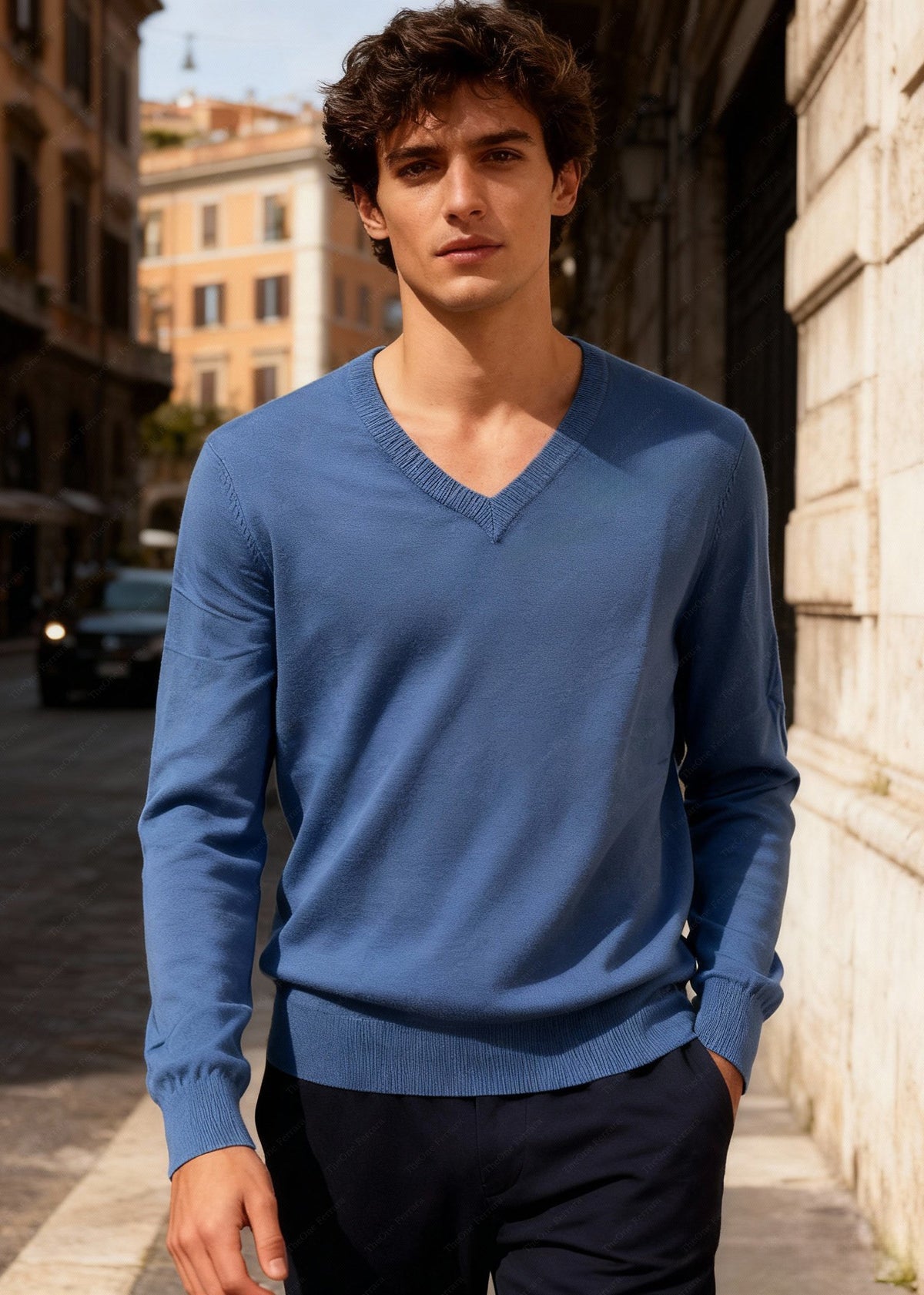 Maglione Uomo Scollo a V in Viscosa - Pullover Elasticizzato Elegante 35607 denim