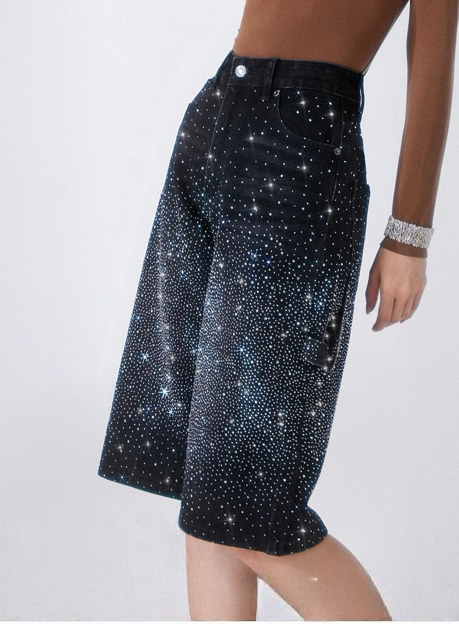 Jeans Donna Bermuda con Strass – Shorts Denim Vita Alta Wide Leg Eleganti Estivi 5115