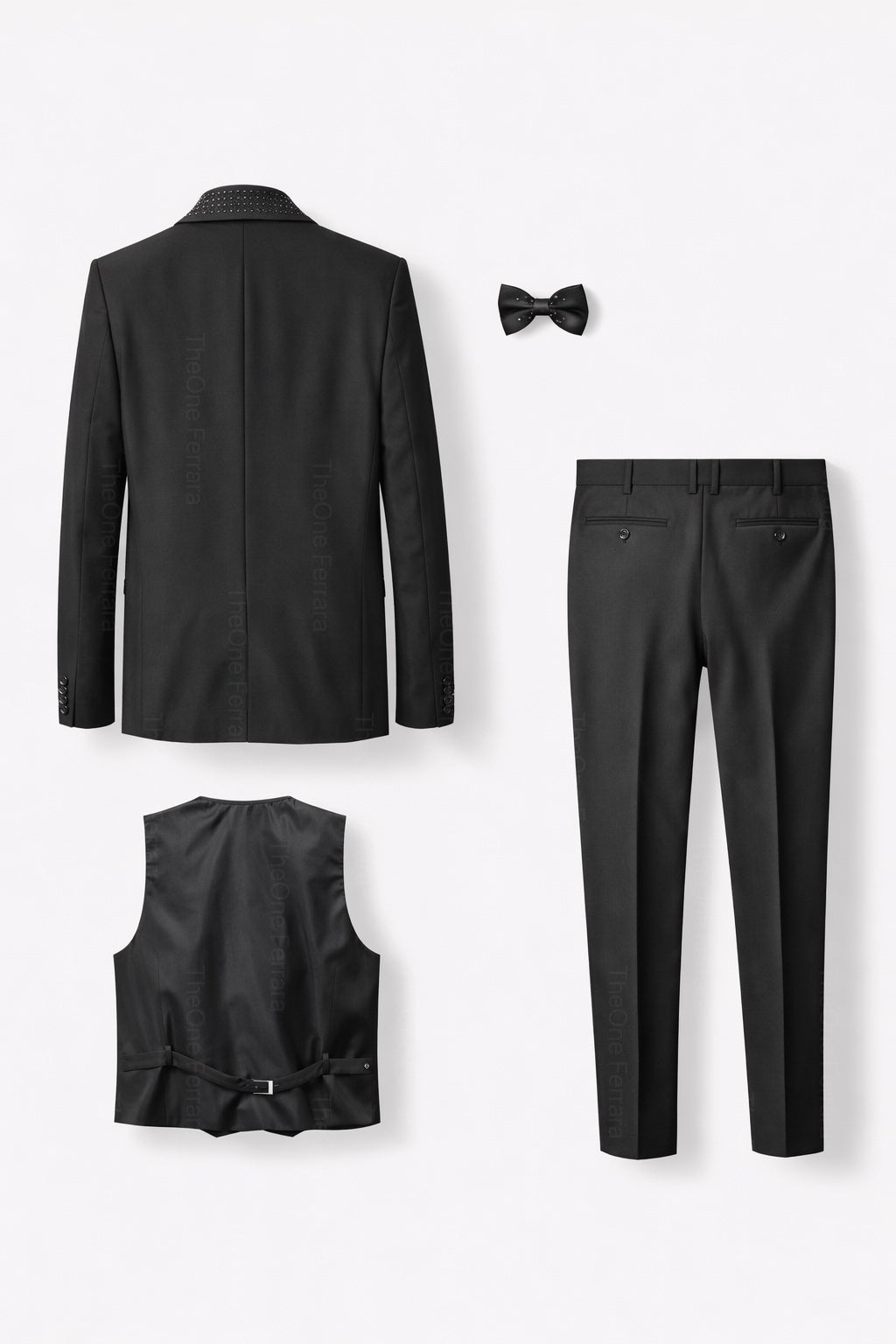 Smoking Uomo Nero 4 Pezzi con Rever Effetto Strass – Giacca 1 Bottone + Gilet Doppiopetto + Pantaloni + Papillon -Slim Fit Drop 6 -400-1-TheOne Ferrara