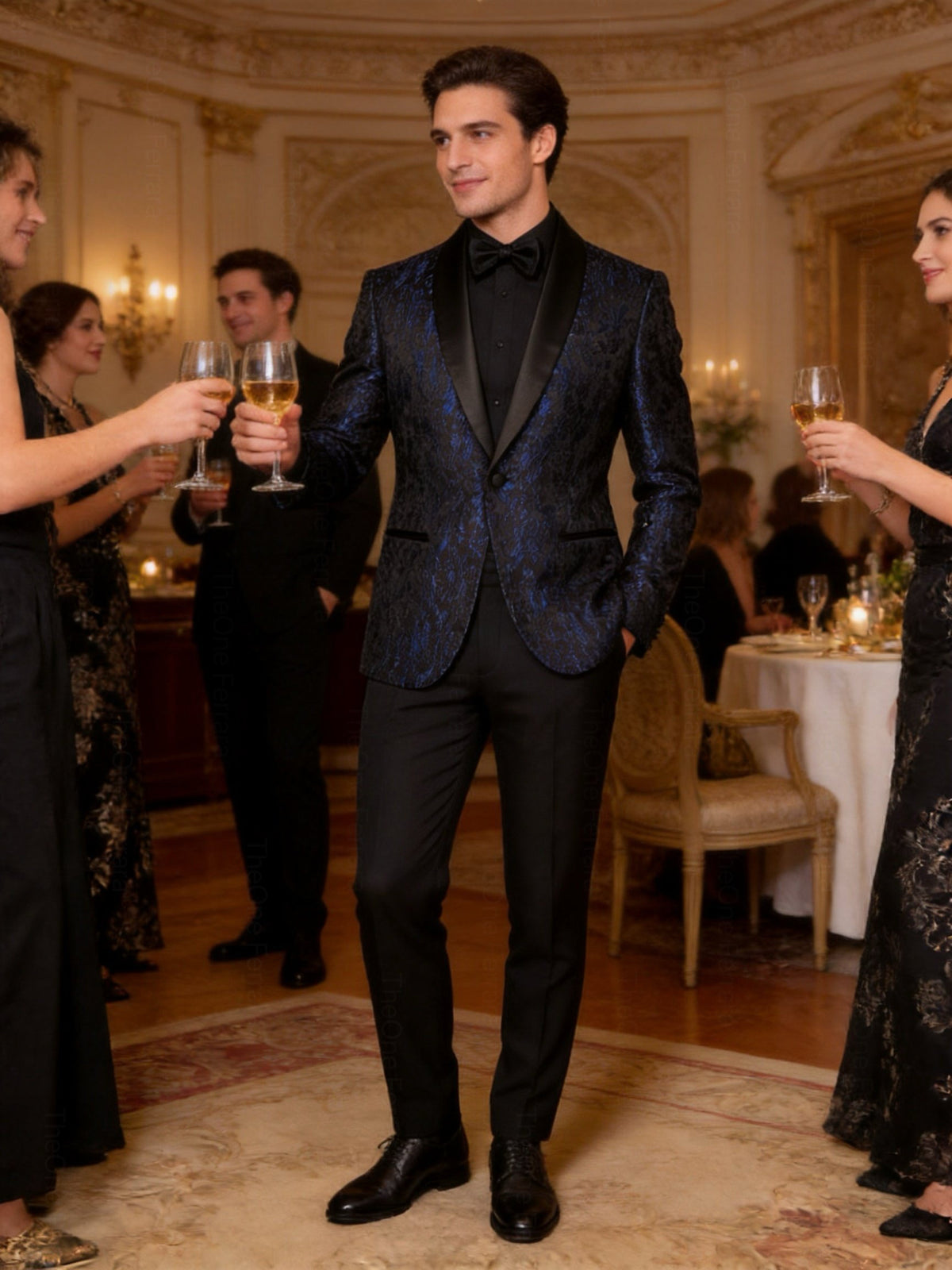 Abito Uomo Cerimonia Slim Fit Blu Jacquard Elegante Smoking Fantasia 2pz