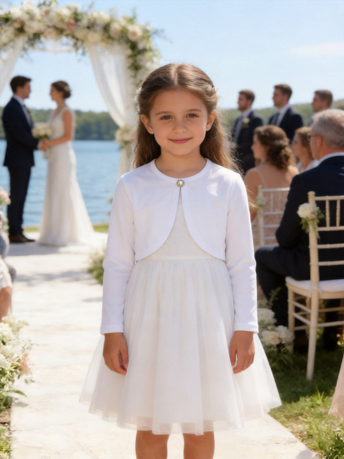Coprispalle Bambina in Cotone con Bottone Perlato per Cerimonia