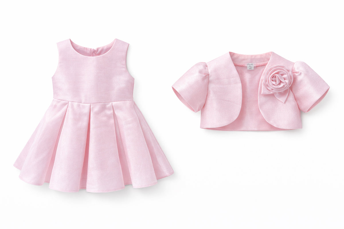 Abito Cerimonia Bambina con Bolero e Fiore – Vestito Elegante Rosa Cipria in Tessuto Strutturato Luminoso per Comunione, Matrimonio e Festa 1-6 anni Rosa Fodera: 100% poliestere