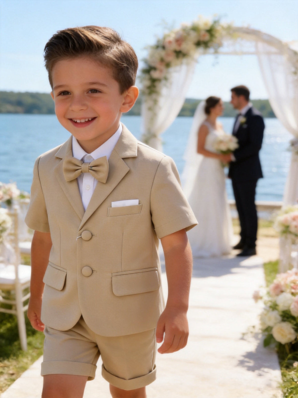 Completo Elegante Bambino Verde Salvia 4 Pezzi con Giacca Shorts Camicia e Papillong 4-10Anni Beige