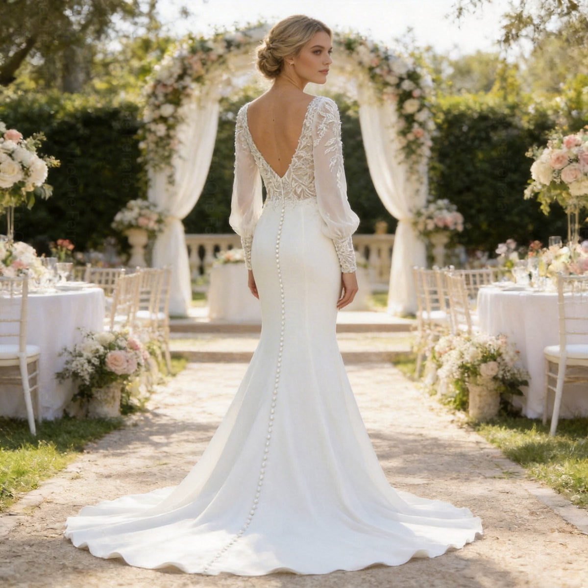 Abito da Sposa Sirena con Maniche Lunghe in Pizzo Ricamato – Scollo Profondo a V, Schiena Scoperta con Bottoni, Stile Boho Elegante 817053