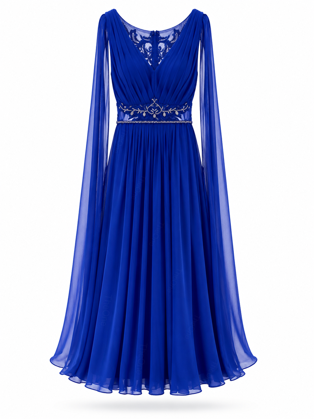 Abito Elegante Lungo in Chiffon con Mantella e Ricami
