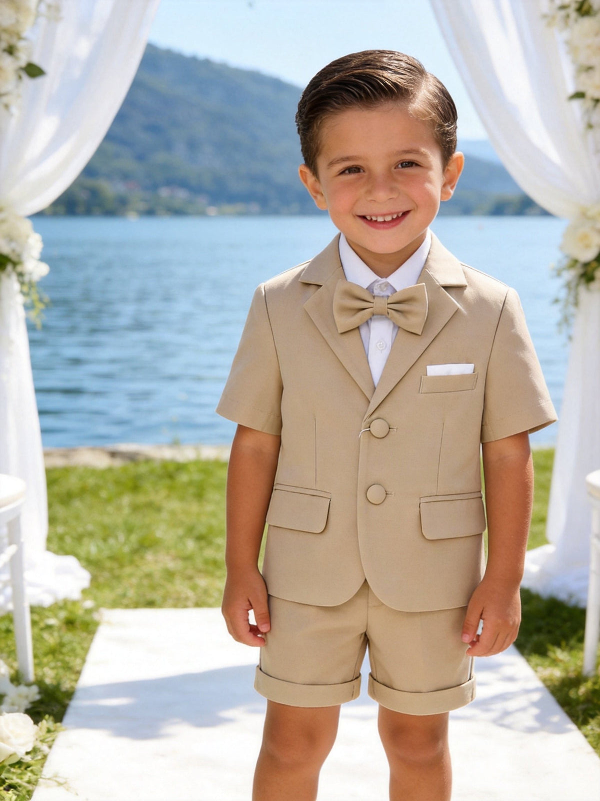 Completo Elegante Bambino Verde Salvia 4 Pezzi con Giacca Shorts Camicia e Papillong 4-10Anni