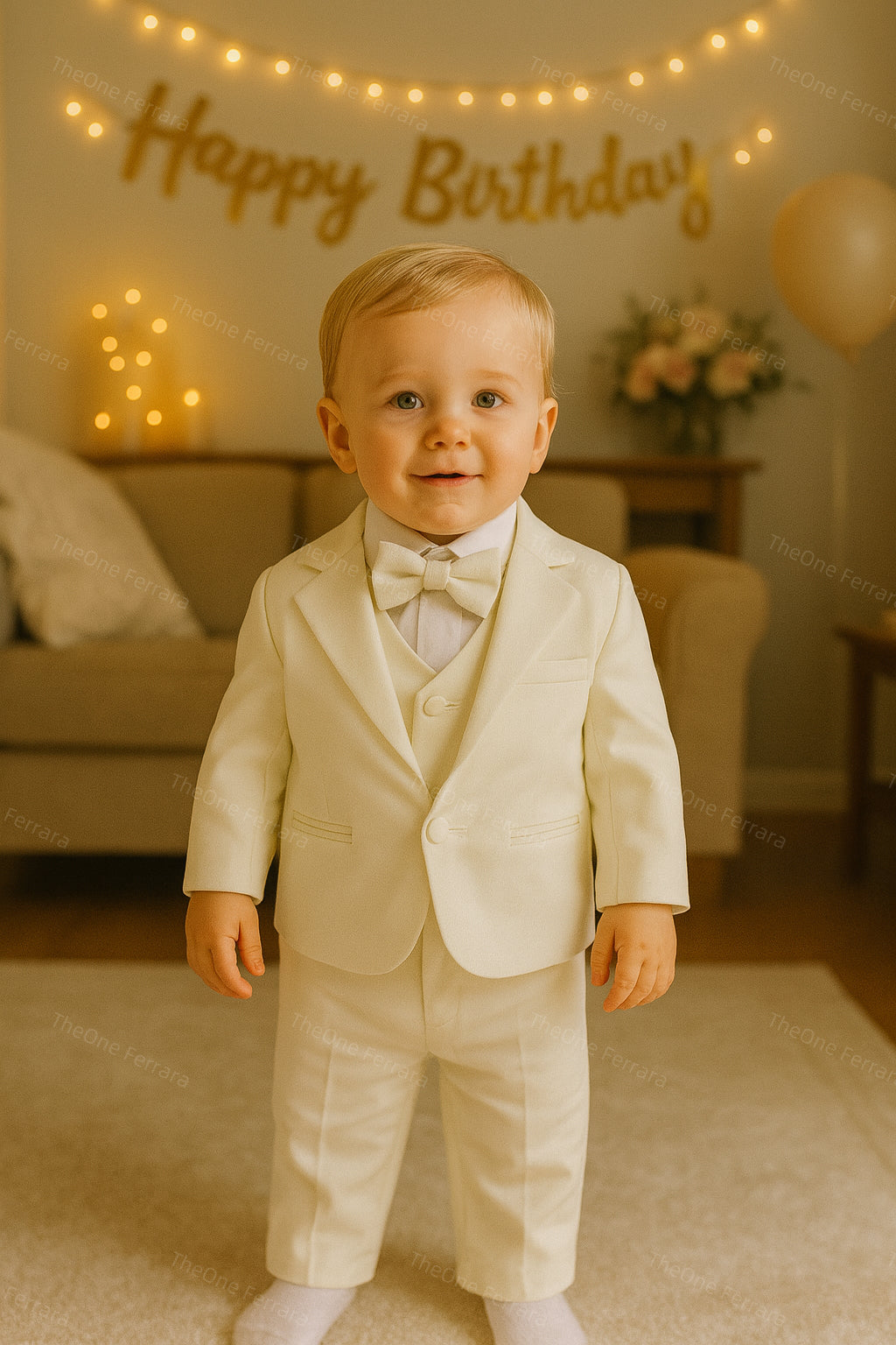 Completo Cerimonia Bambino 5 Pezzi – Abito Elegante Color Panna per Bimbo 6–36 Mesi con Giacca, Gilet, Camicia, Pantaloni e Papillon 6-36M,528-TheOne Panna 65% cotton 35% Poliestere