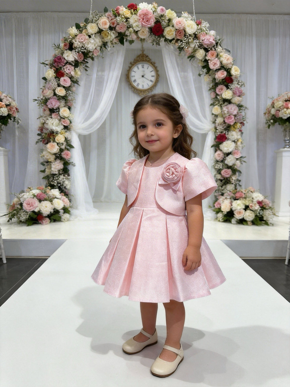 Abito Cerimonia Bambina con Bolero e Fiore – Vestito Elegante Rosa Cipria in Tessuto Strutturato Luminoso per Comunione, Matrimonio e Festa 1-6 anni