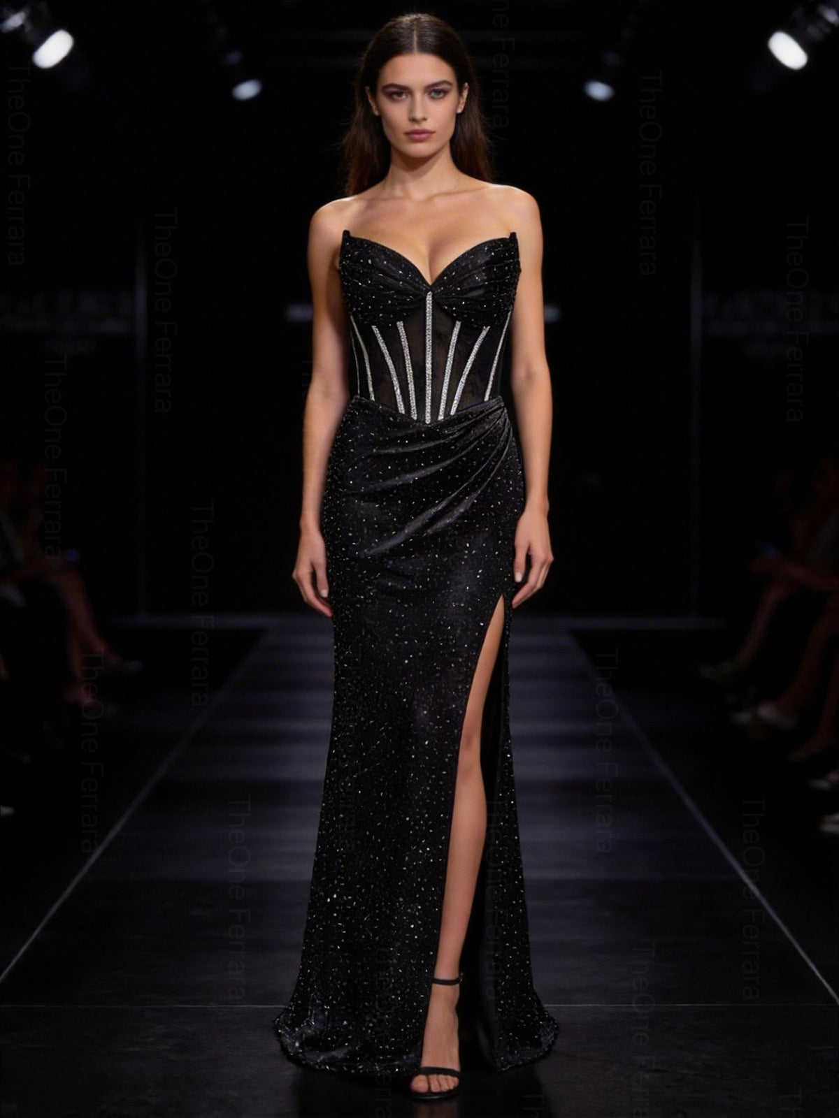 Abito da Sera Nero-viola con Corsetto e Spacco – Vestito Lungo Elegante Glitter 883039 Nero S M