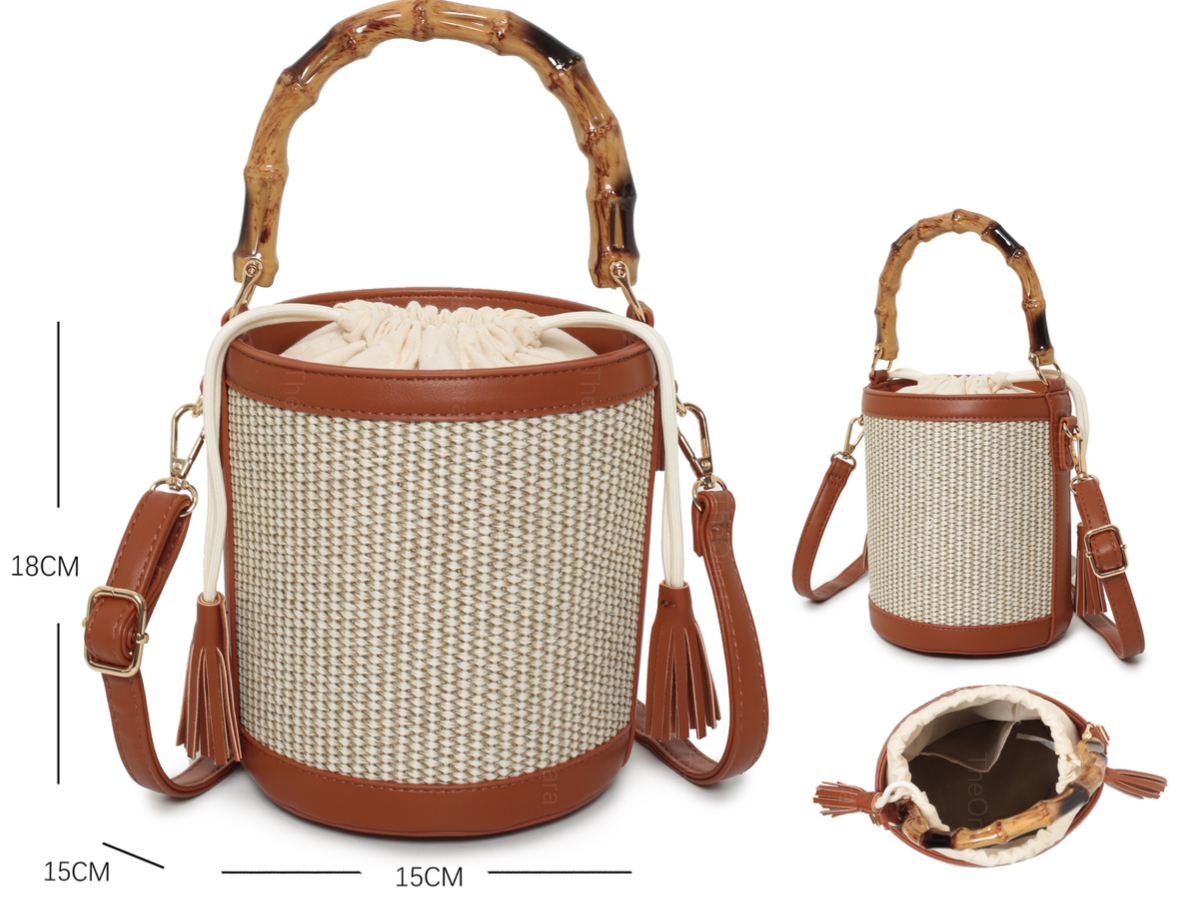 Borsa Secchiello Donna in Paglia con Manico Bamboo – Mini Borsa Estiva 18cm con Tracolla