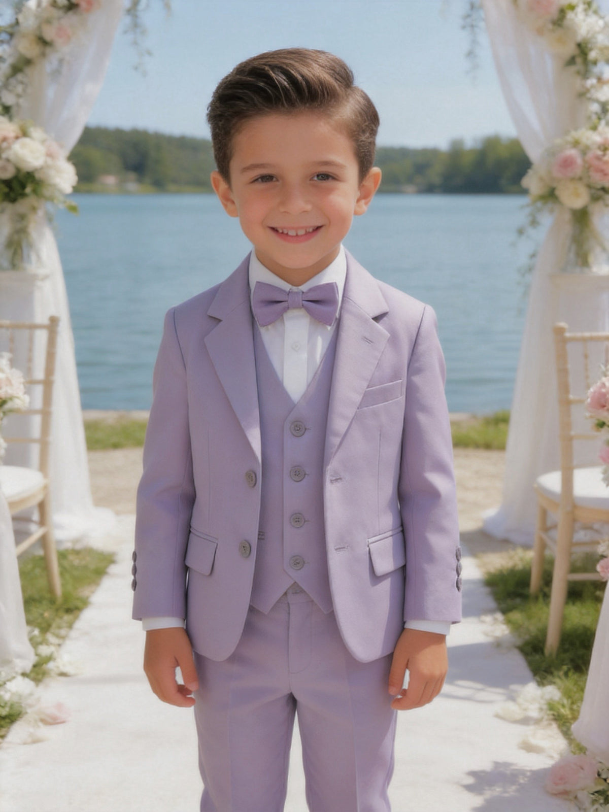 Completo Elegante Bambino Lilla 5 Pezzi con Giacca Gilet Pantaloni Camicia e Papillon