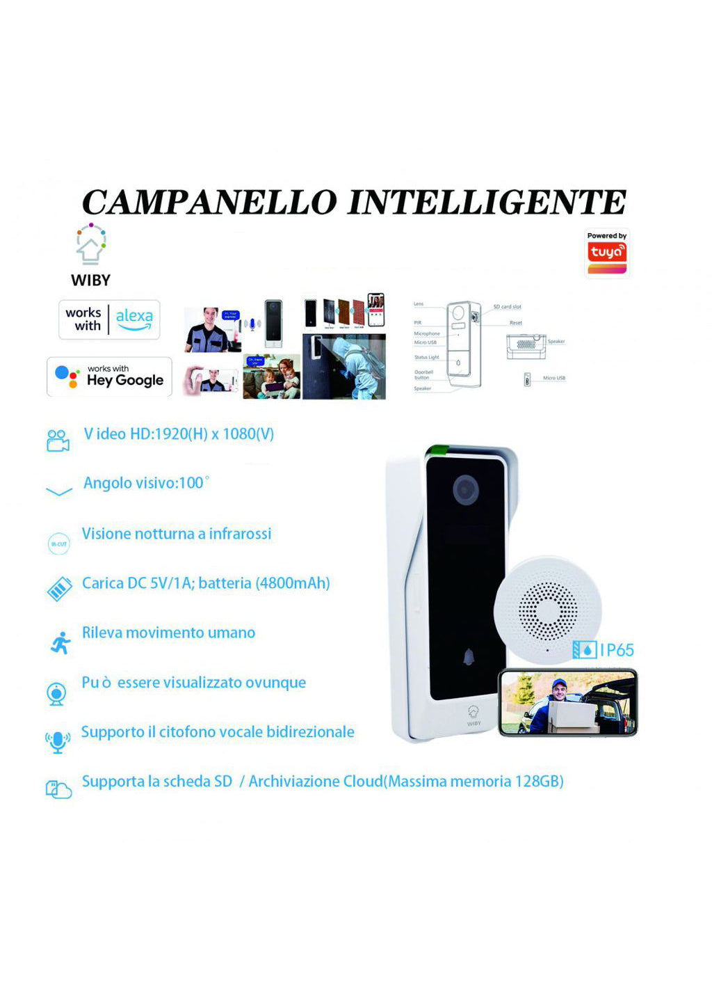 Videocitofono WiFi Full HD 1080P | IP65 | Batteria 4800mAh | WIBY