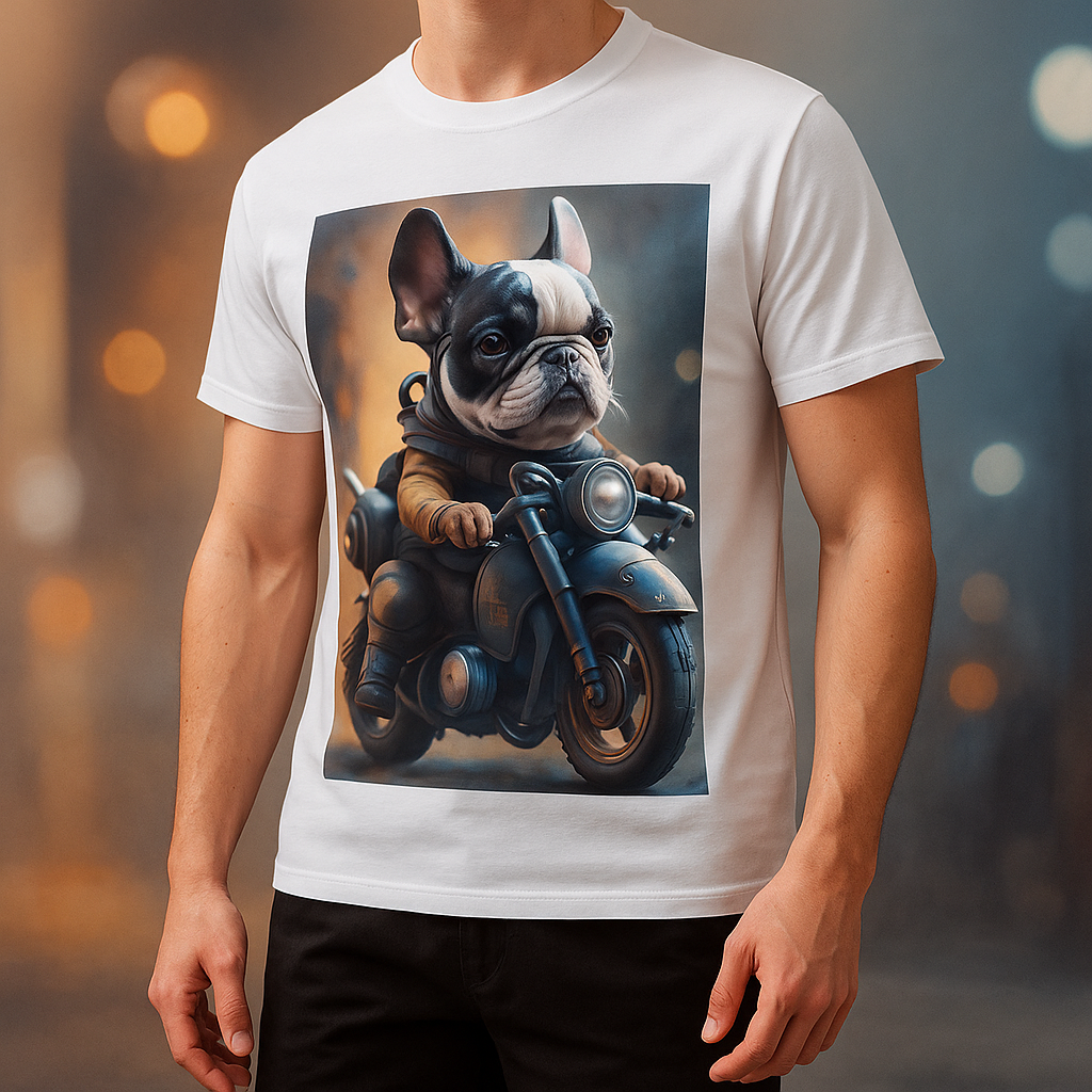 T-shirt Uomo con Bulldog su Moto – Stampa Divertente Streetwear