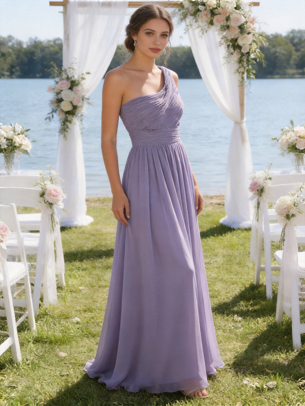 Abito Damigella Monospalla in Chiffon con Spacco Laterale