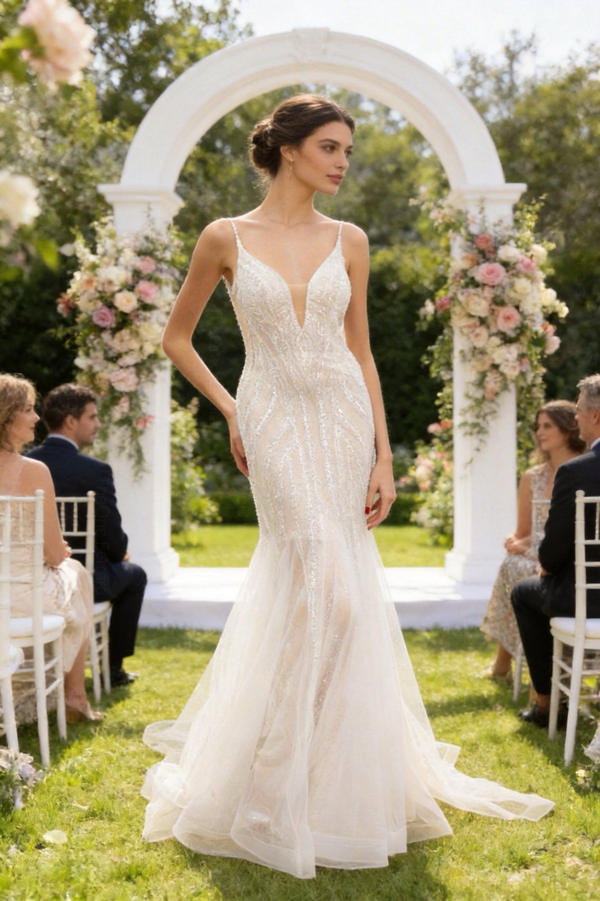 Abito da Sposa Sirena con Paillettes e Tulle – Vestito da Sposa Elegante con Scollatura Profonda e Schiena Scoperta 851016